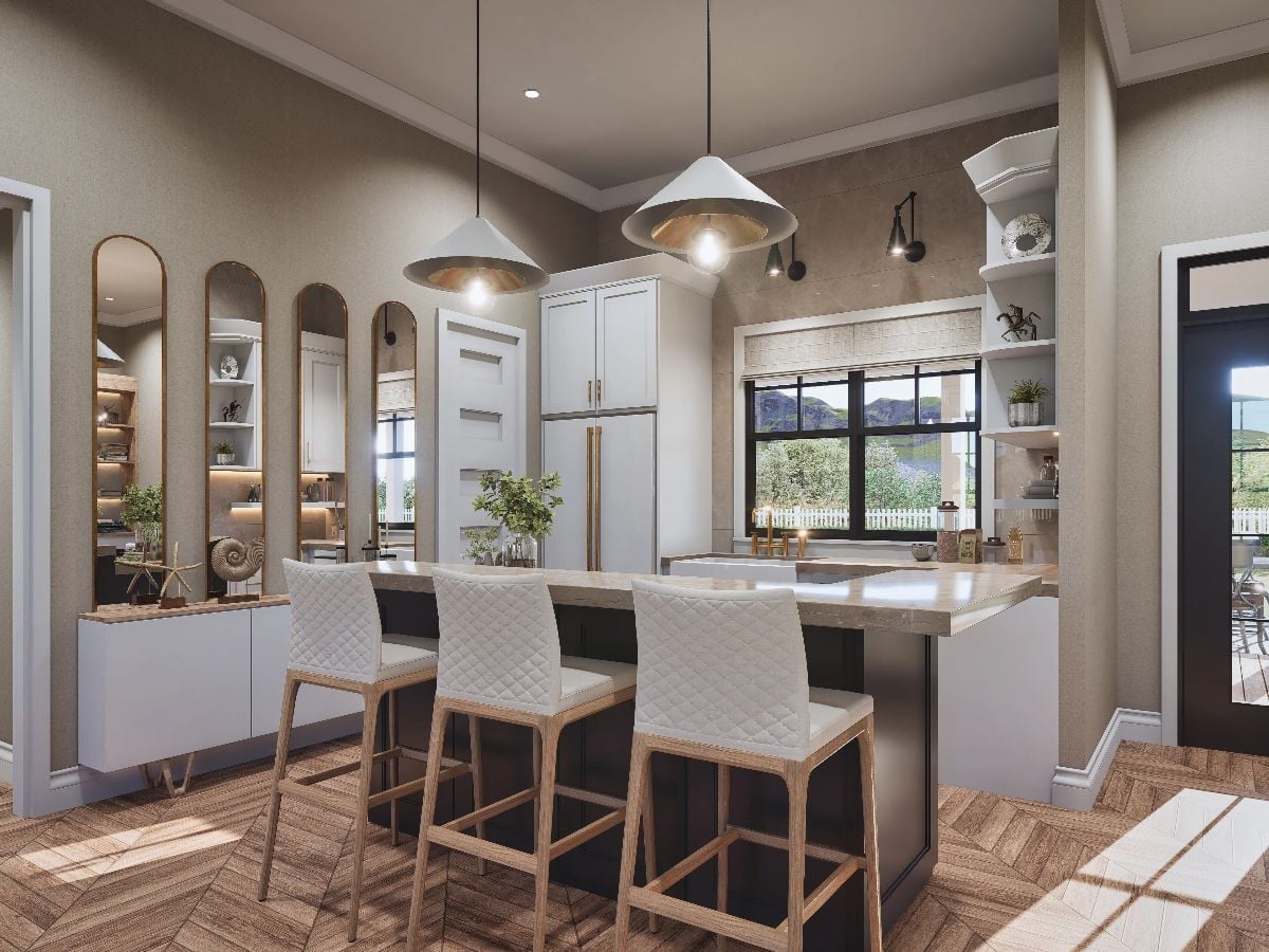 Quilted Barstools and Arched Mirrors Turn This Kitchen Into a Gathering Space