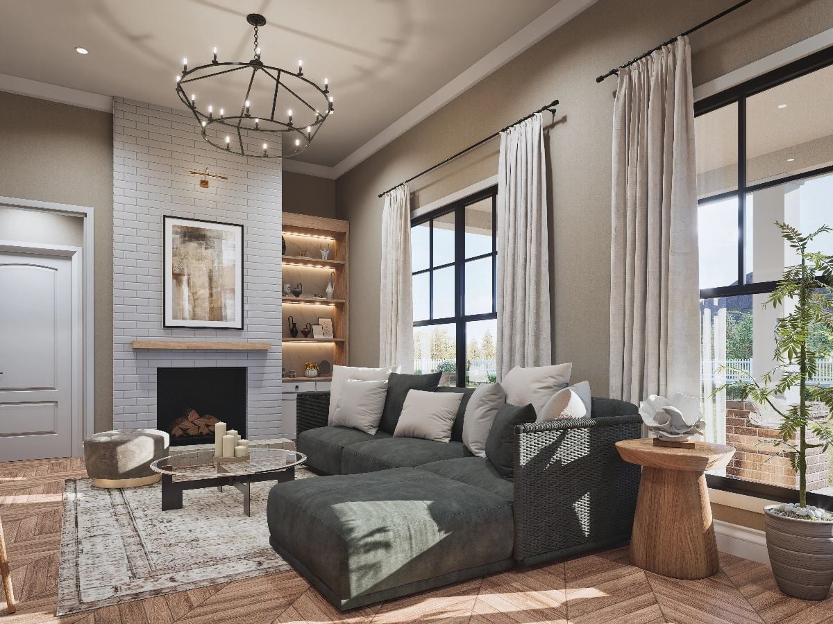 Woven Side Panel and a Glass Coffee Table Keep This Living Room from Going Too Heavy