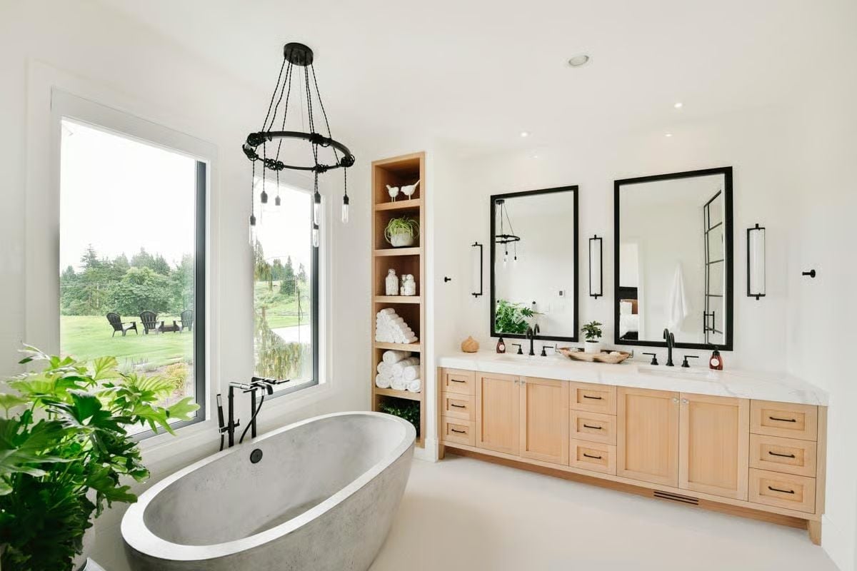 Concrete Soaking Tub and a Chandelier That Knows Exactly What It's Doing