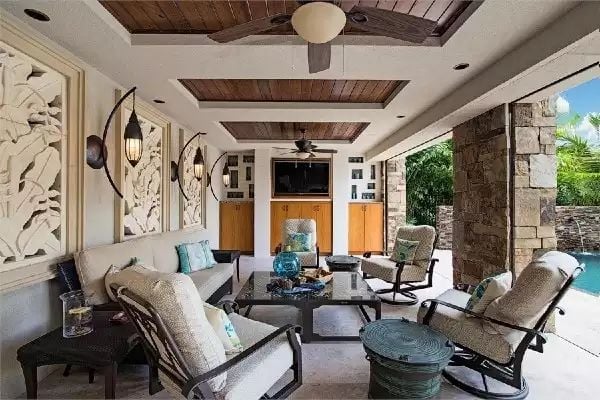 Coffered Wood Ceiling, Stone Columns, and Covered Living Built for the Long Afternoon