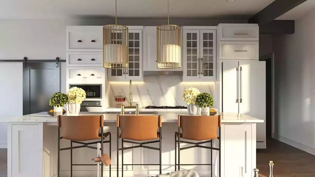 Gold Cage Pendants and Leather Barstools Doing Exactly What They Should
