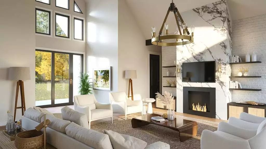 Marble Surround, Brass Chandelier, and Double-Height Ceilings Worth Every Cent
