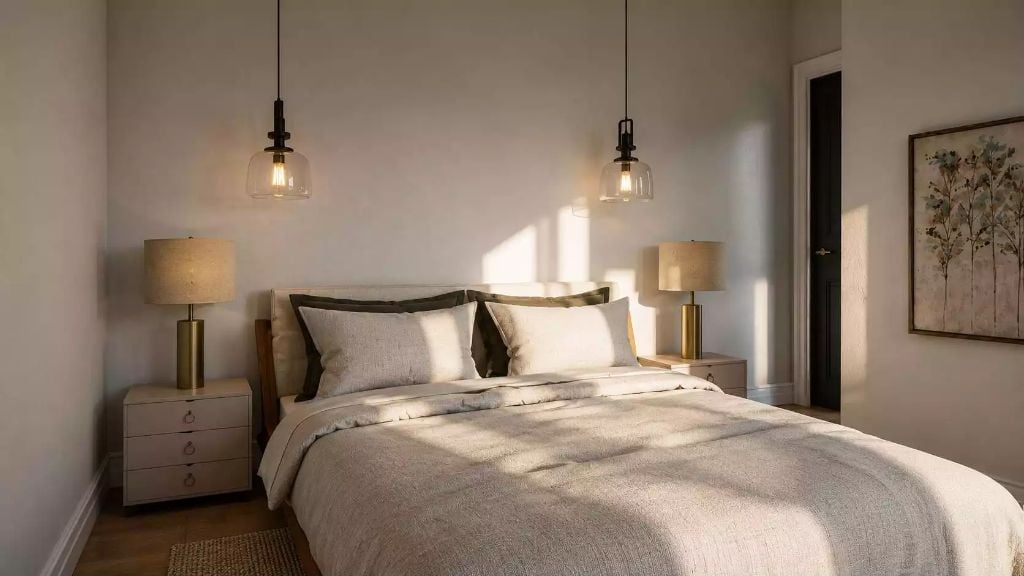 Pendant Glass, Brass Table Lamps, and Four-Layer Bedding That Rewards Doing Nothing