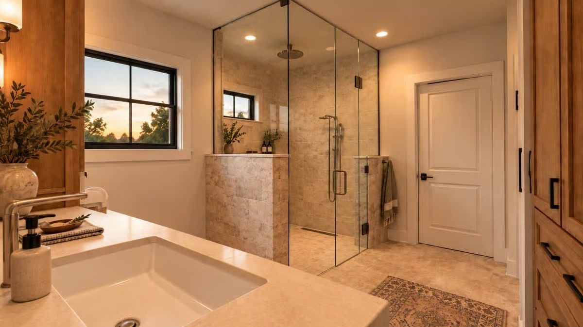 Travertine, Glass, and a Rainfall Head That Makes the Whole Shower Worth It