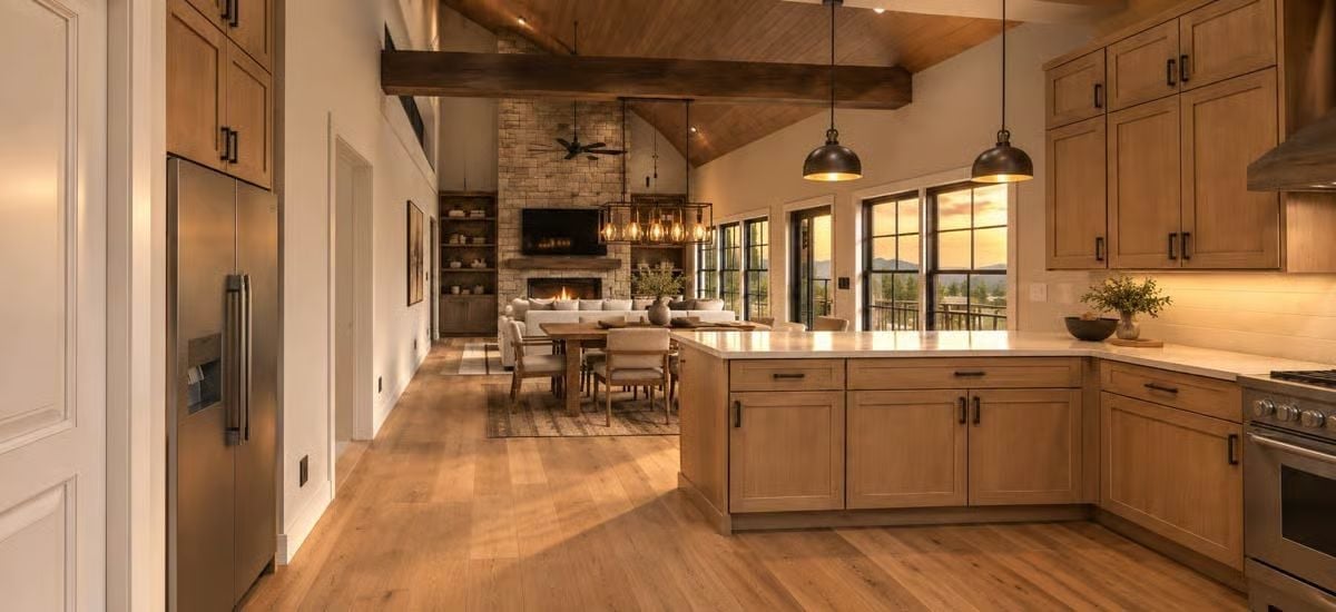 Warm Wood, Stone, and a Fireplace You Can See From the Kitchen