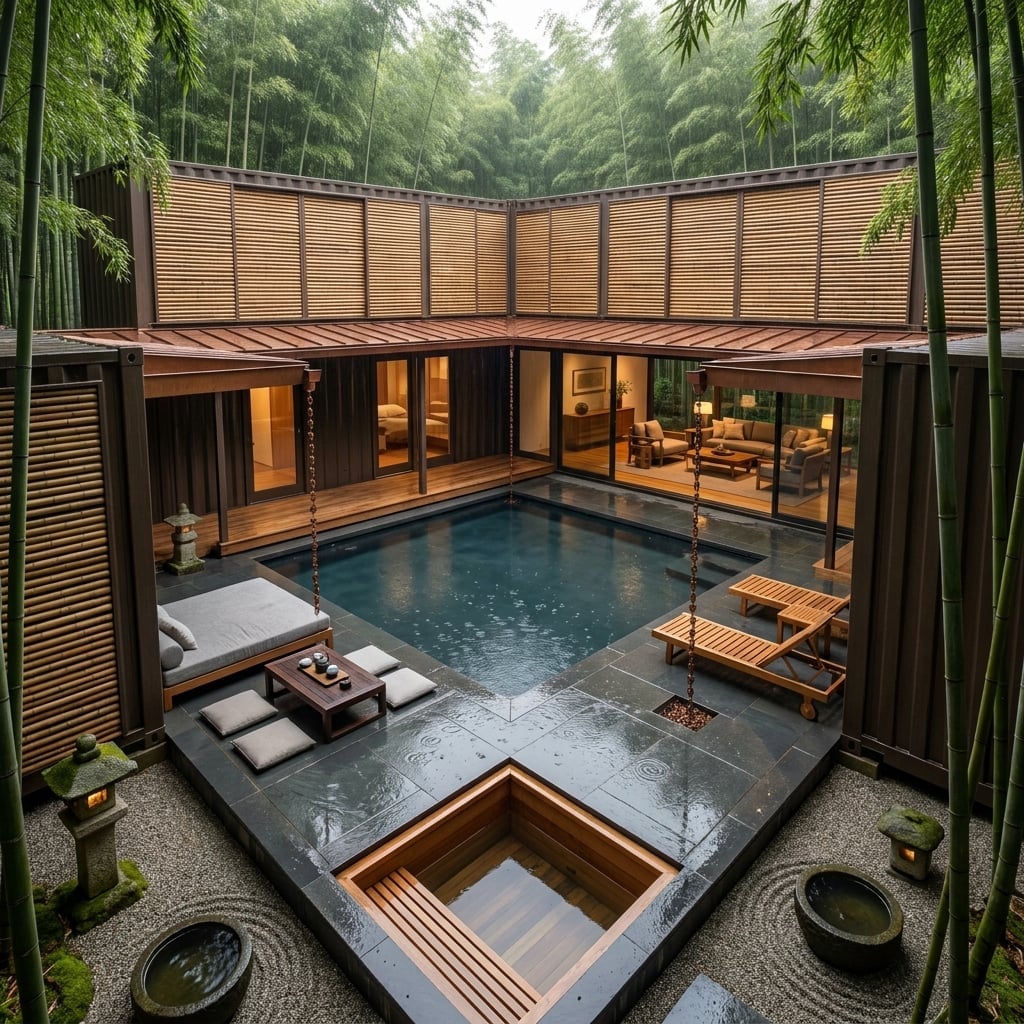 Bamboo Forest Container Retreat Wraps a Rain-Soaked Courtyard Pool in Japanese Calm
