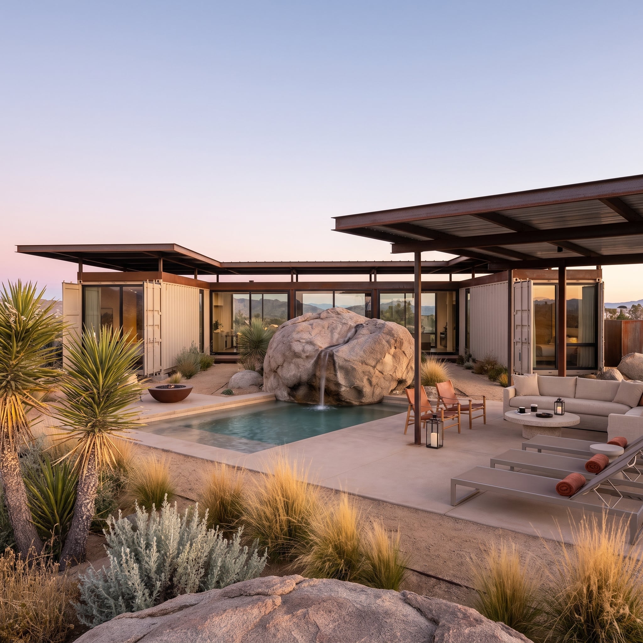 Boulder-Fed Pool Sits at the Heart of a Desert Container Compound