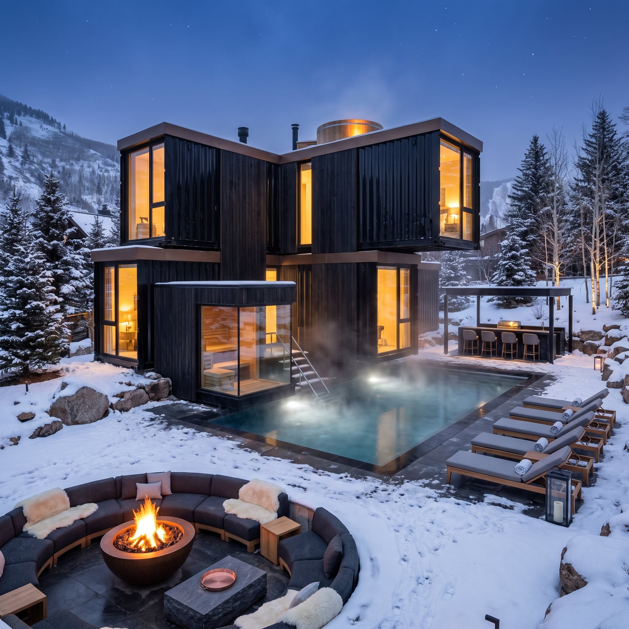 Charred Wood Cladding and a Heated Winter Pool Meet Snow Season Head-On