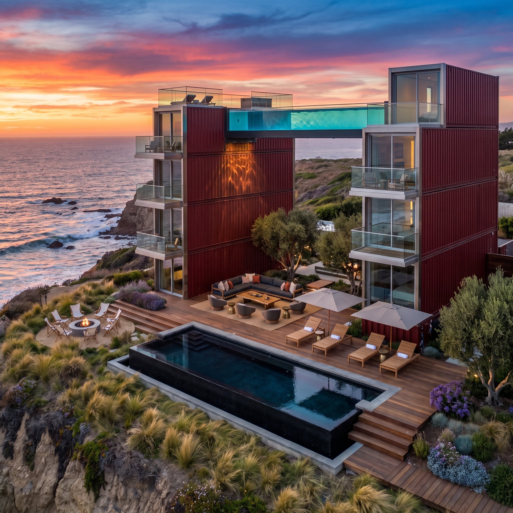 Cliff-Edge Container Tower Bridges Two Wings With a Suspended Glass Pool