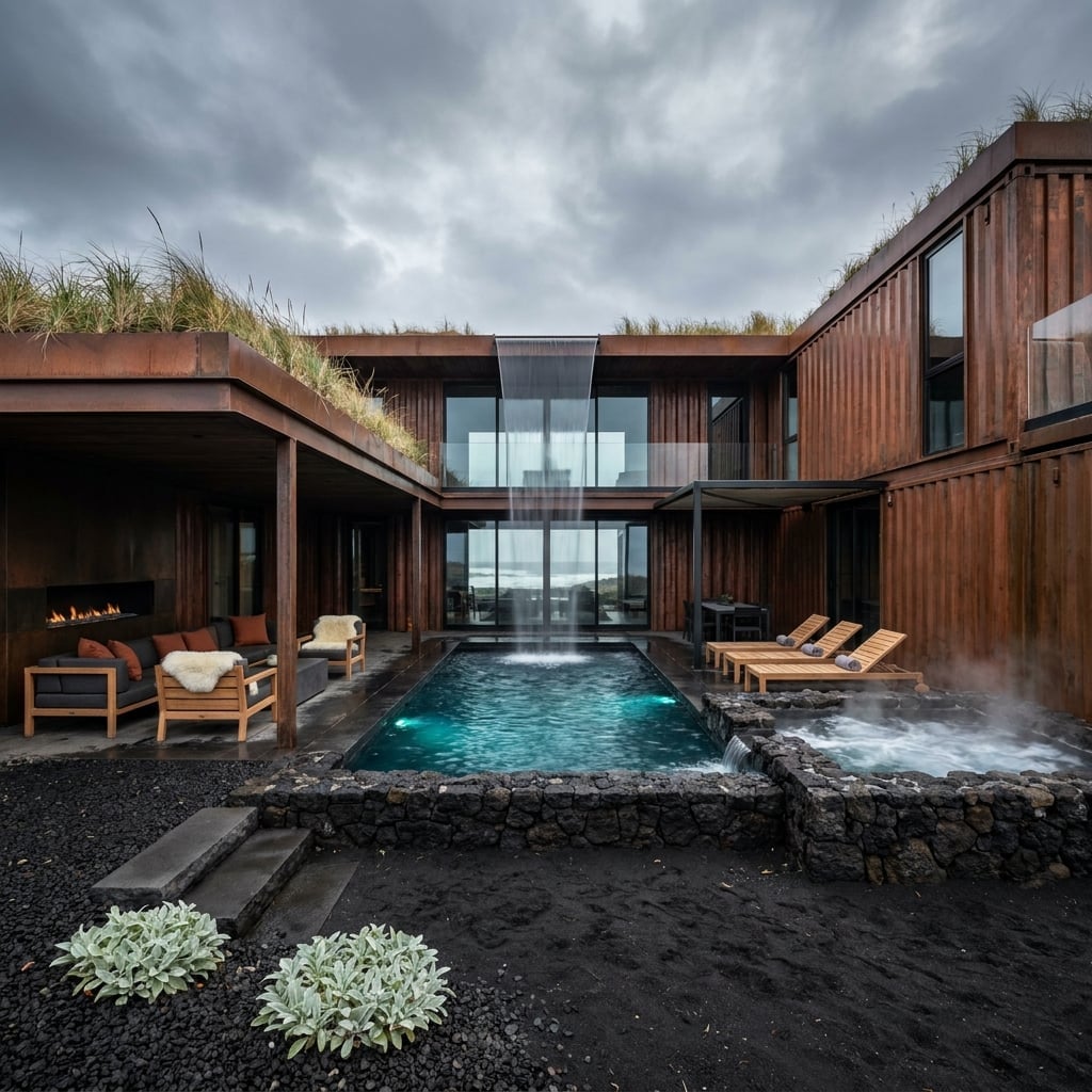 Corten Steel Containers Wrapped Around a Geothermal Pool on Black Volcanic Ground
