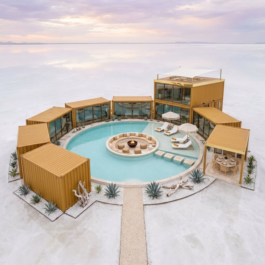 Gold Containers Arranged in a Circle Around a Salt Flat Pool and Fire Pit Island
