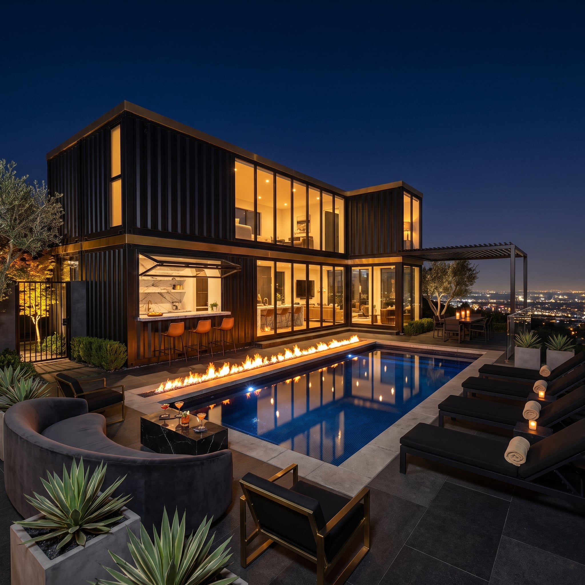 Hilltop Container Home Built Around a Linear Fire-and-Pool Axis With City Views Below