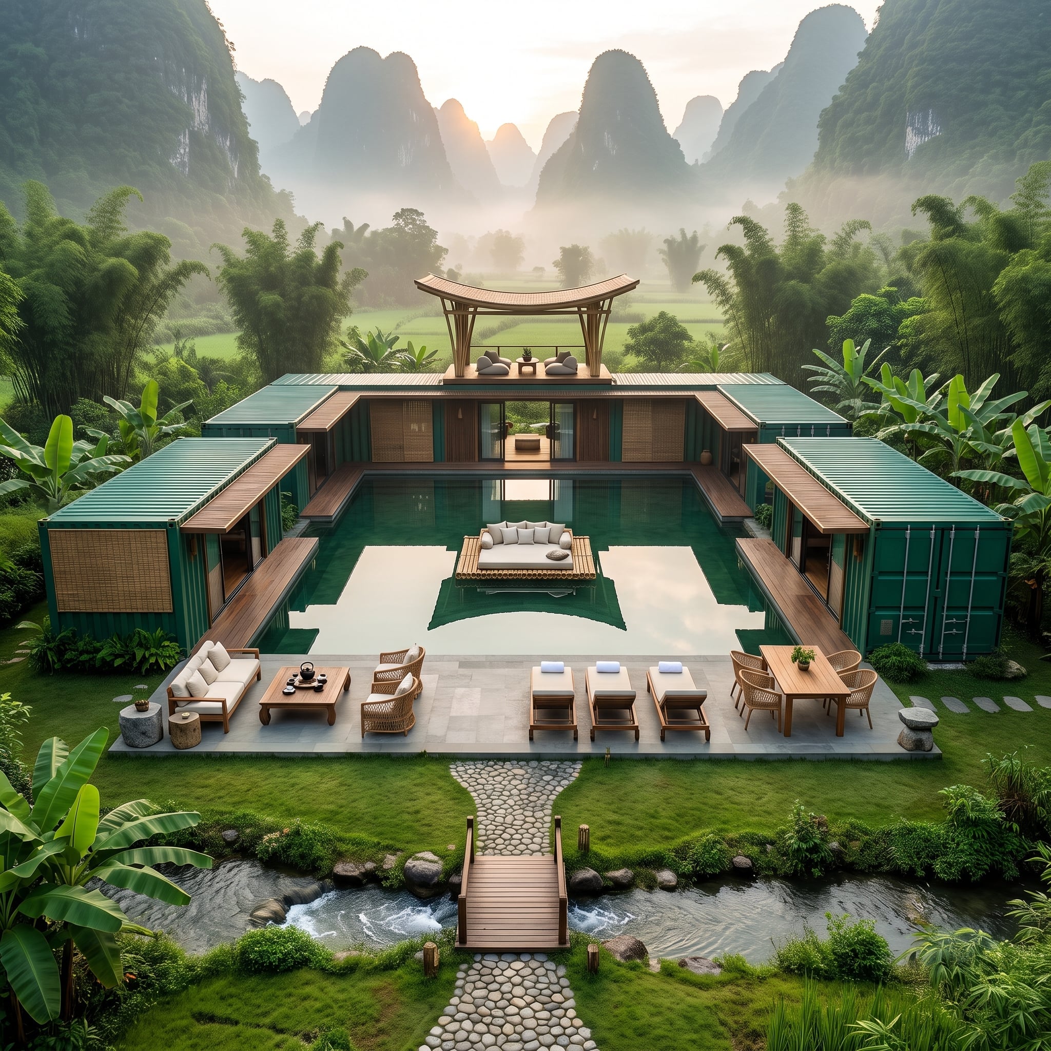 Karst Mountains Frame a Container Home Built Around an Island Pool Pavilion