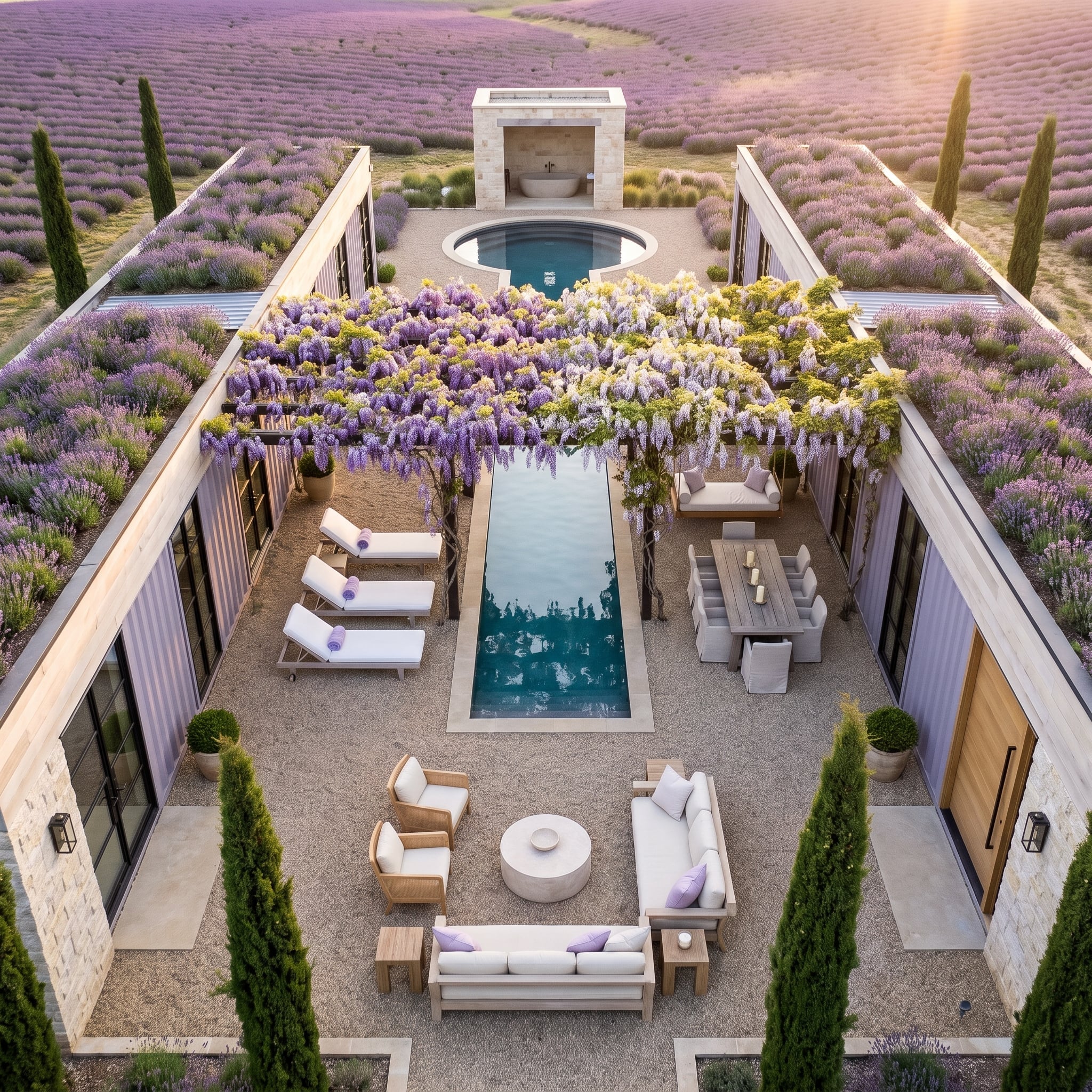 Lavender Fields Surround a Wisteria-Covered Container Courtyard Pool