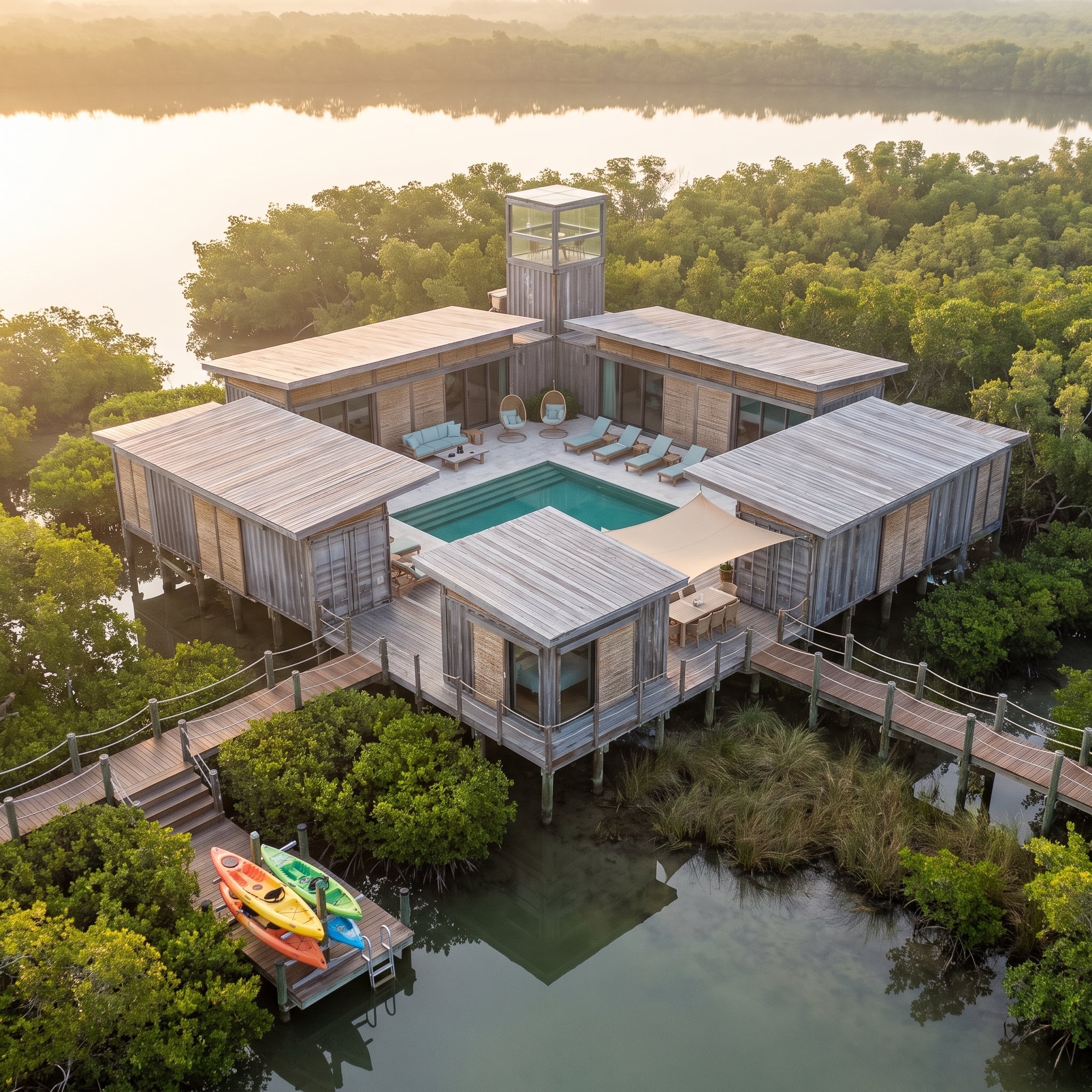 Mangrove-Surrounded Container Villa Floats a Pool Courtyard Above Still Water