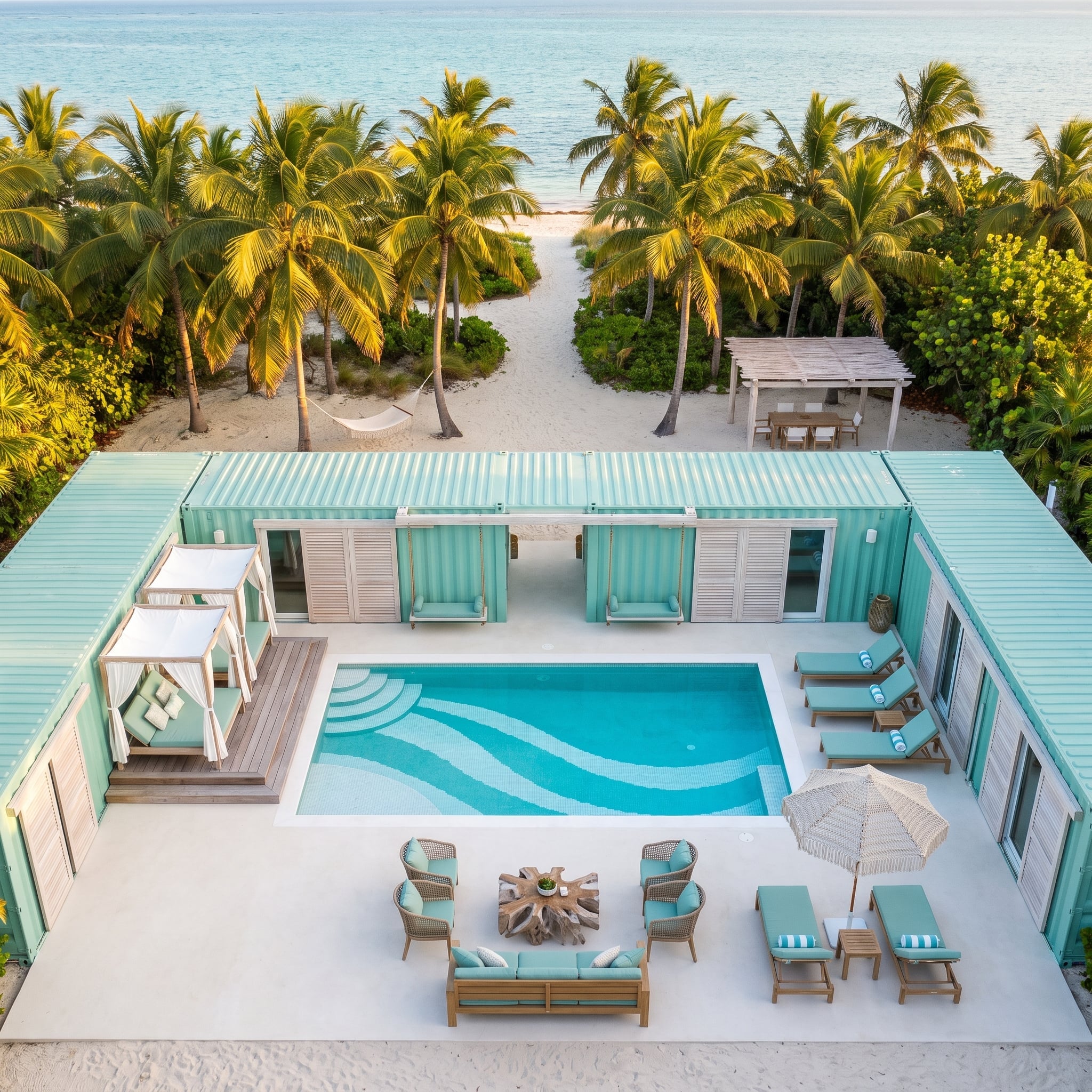 Mint Container Walls Wrap a Pool Courtyard Steps from the Sand