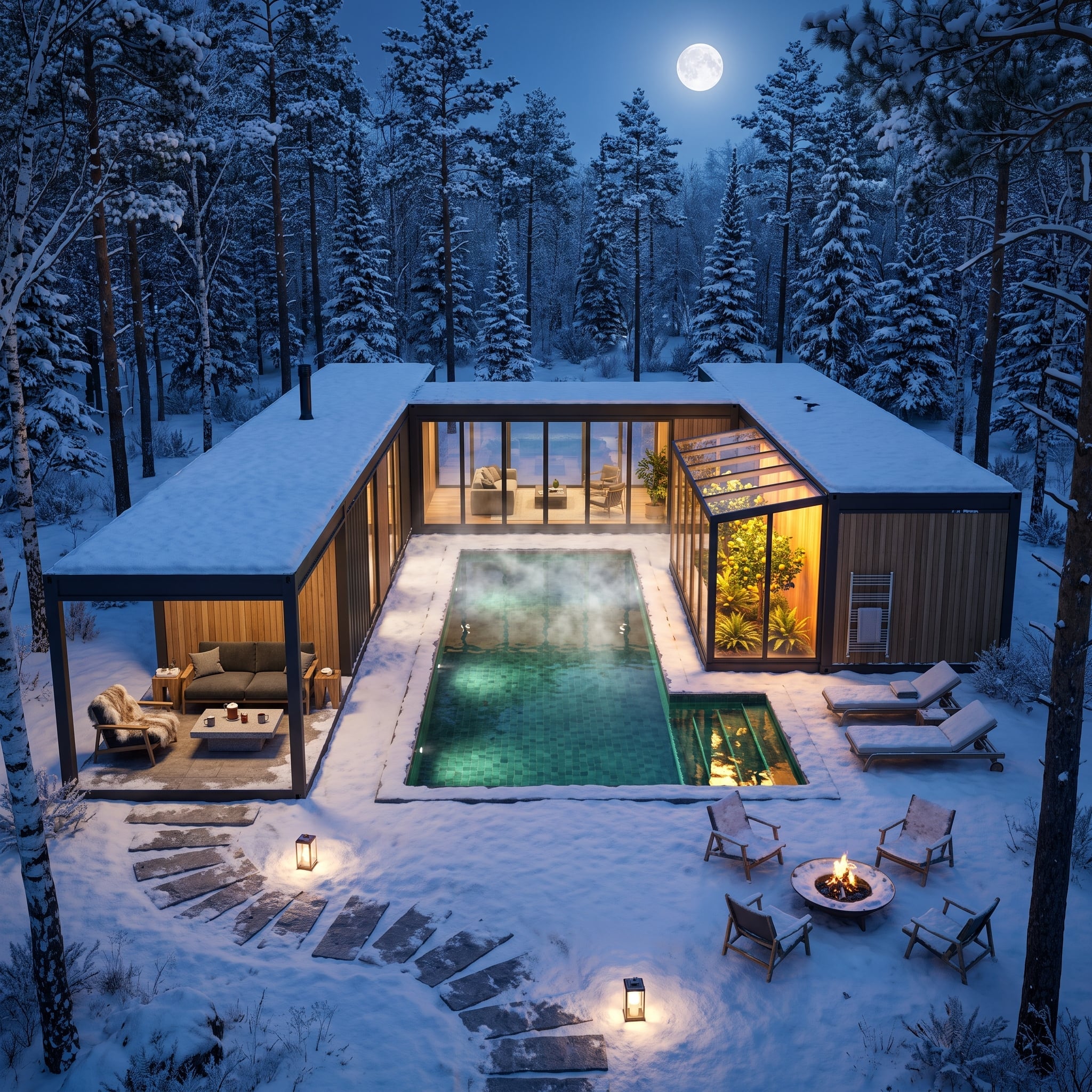 Moonlit Forest Container Retreat Built Around a Heated Pool and Fire Pit Courtyard