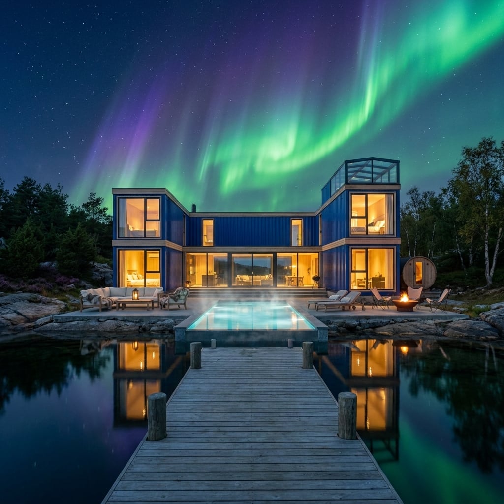 Northern Lights Over a Blue Container Villa With a Rooftop Observatory and Dock