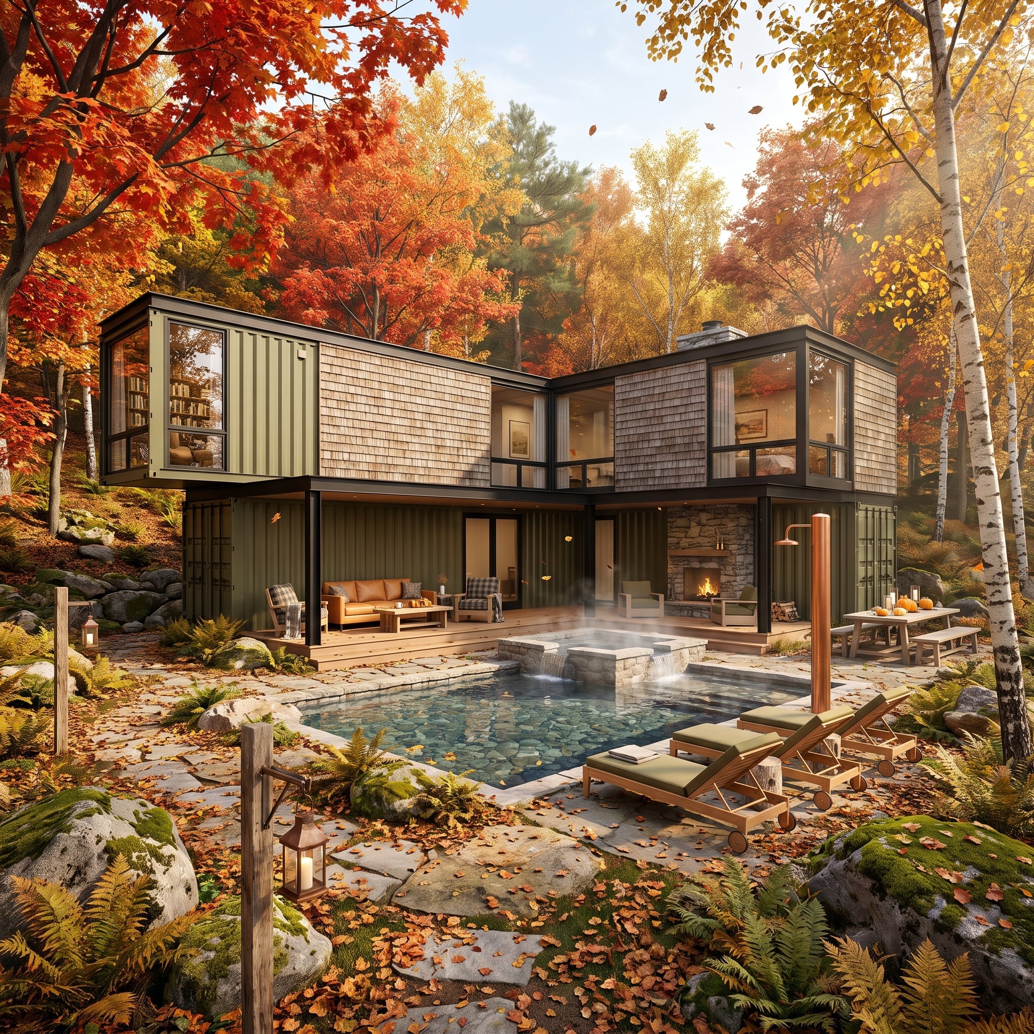 Olive Containers Clad in Cedar Shingles Anchor a Forest Pool Retreat Mid-Autumn