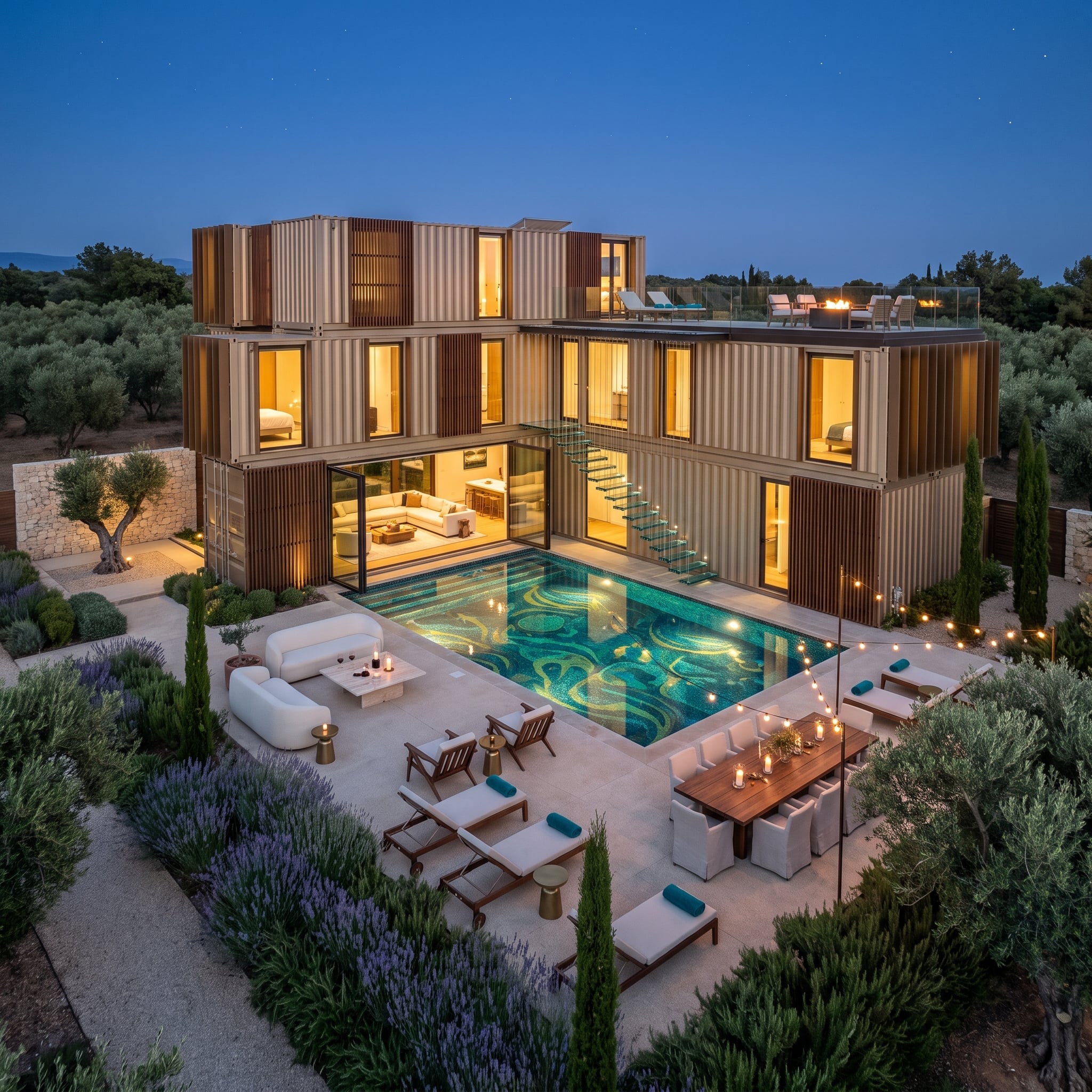 Olive Groves and Corrugated Steel Built Around a Pool With an Artistic Mosaic Floor