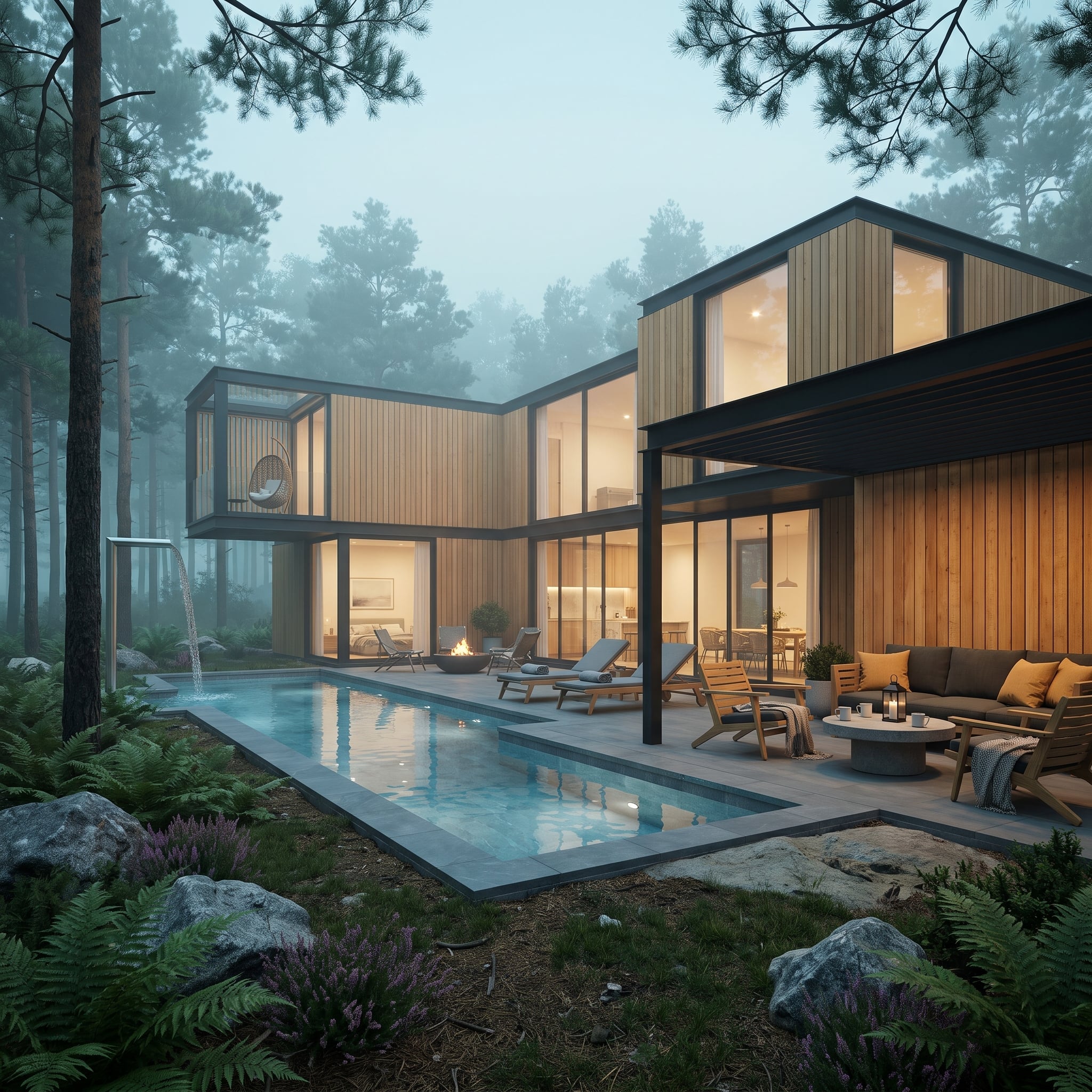 Pine Forest Container Home Wraps a Glowing Pool in Cedar and Steel