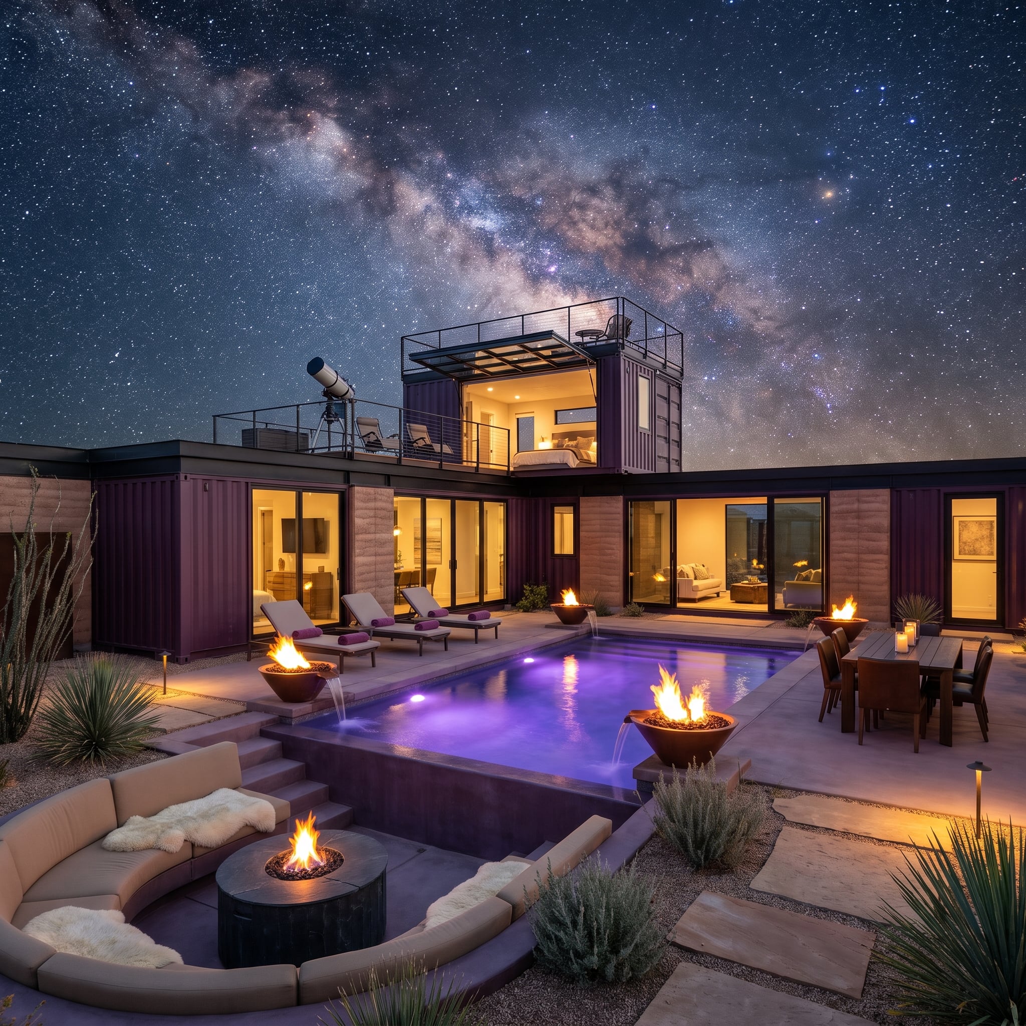Purple-Lit Pool Courtyard Anchors a Desert Container Compound Under the Milky Way