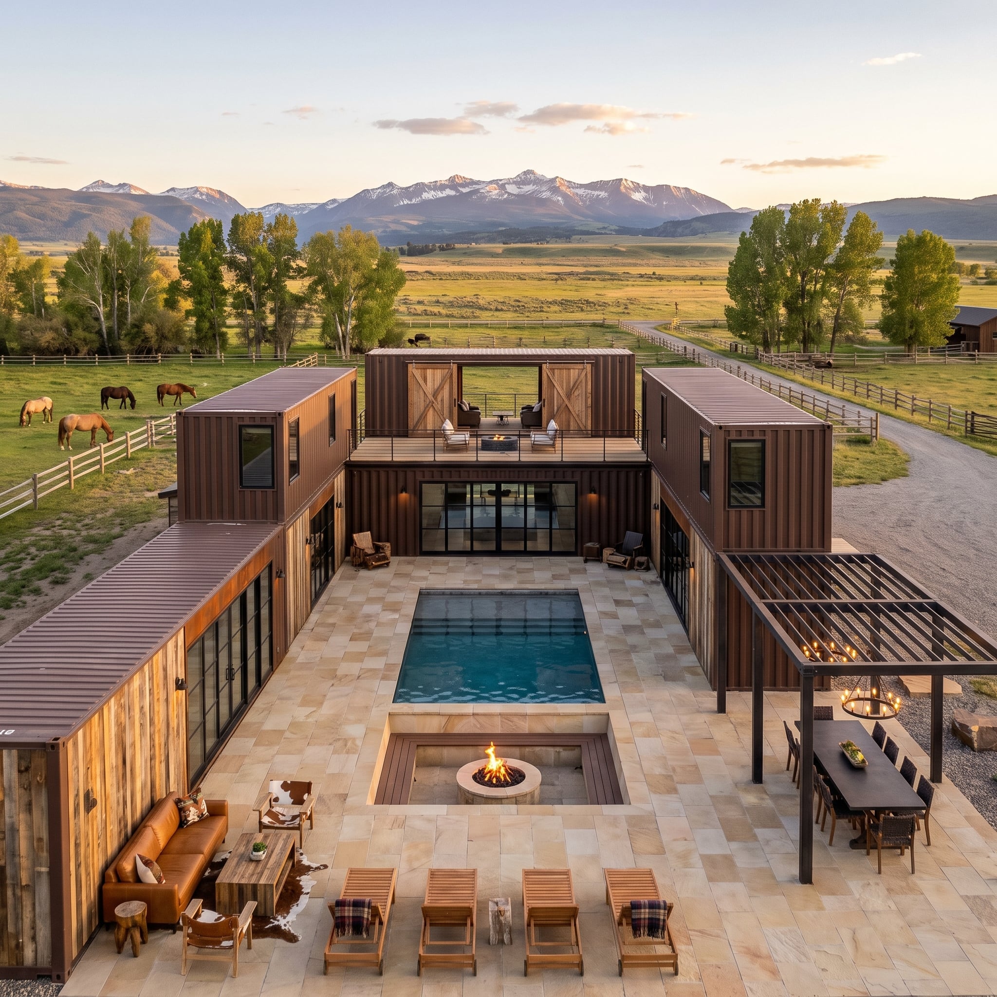 Ranch Land Container Compound Wraps a Fire Pit Courtyard in Weathered Steel and Reclaimed Wood