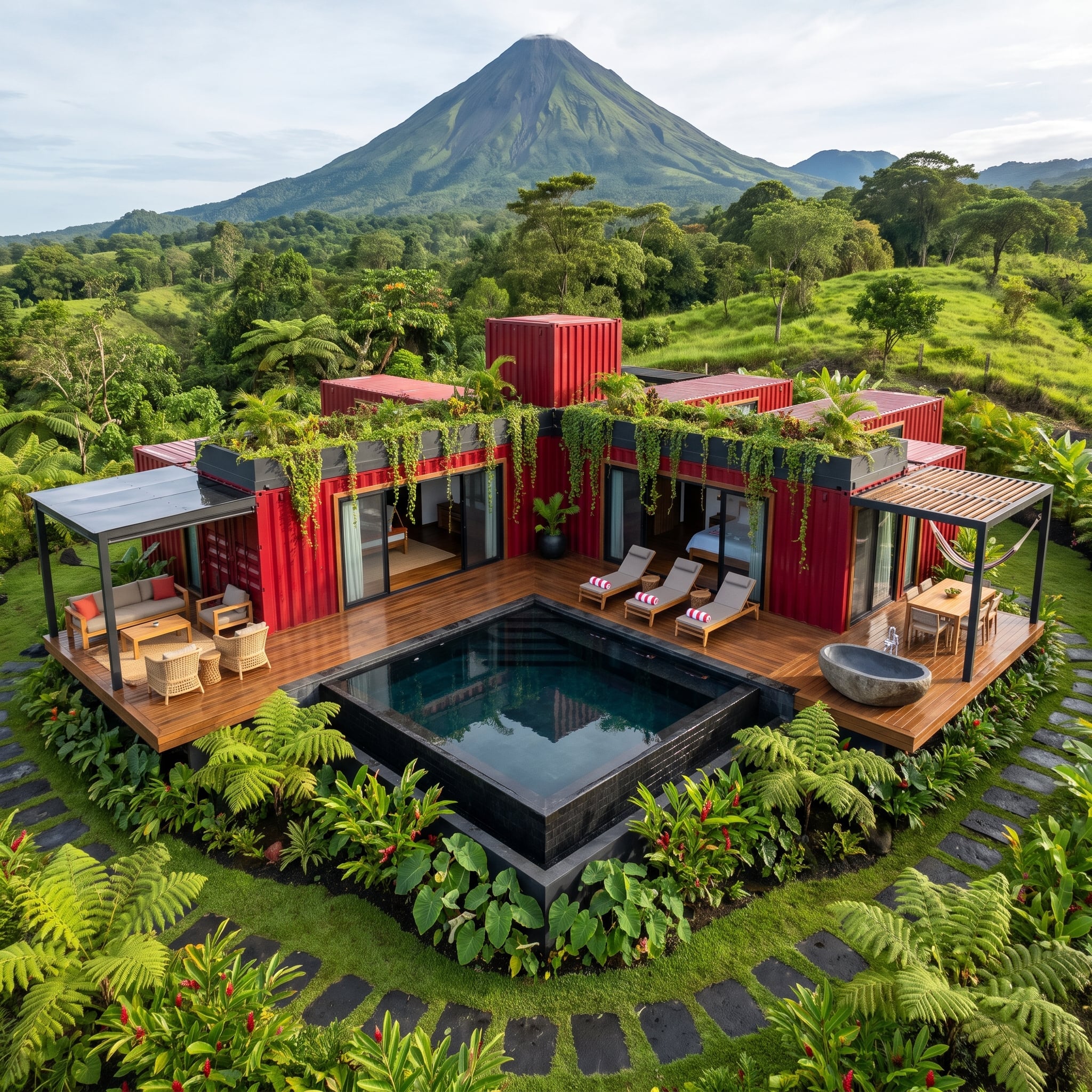 Red Shipping Containers Wrapped in Vines Frame a Volcanic Pool Retreat