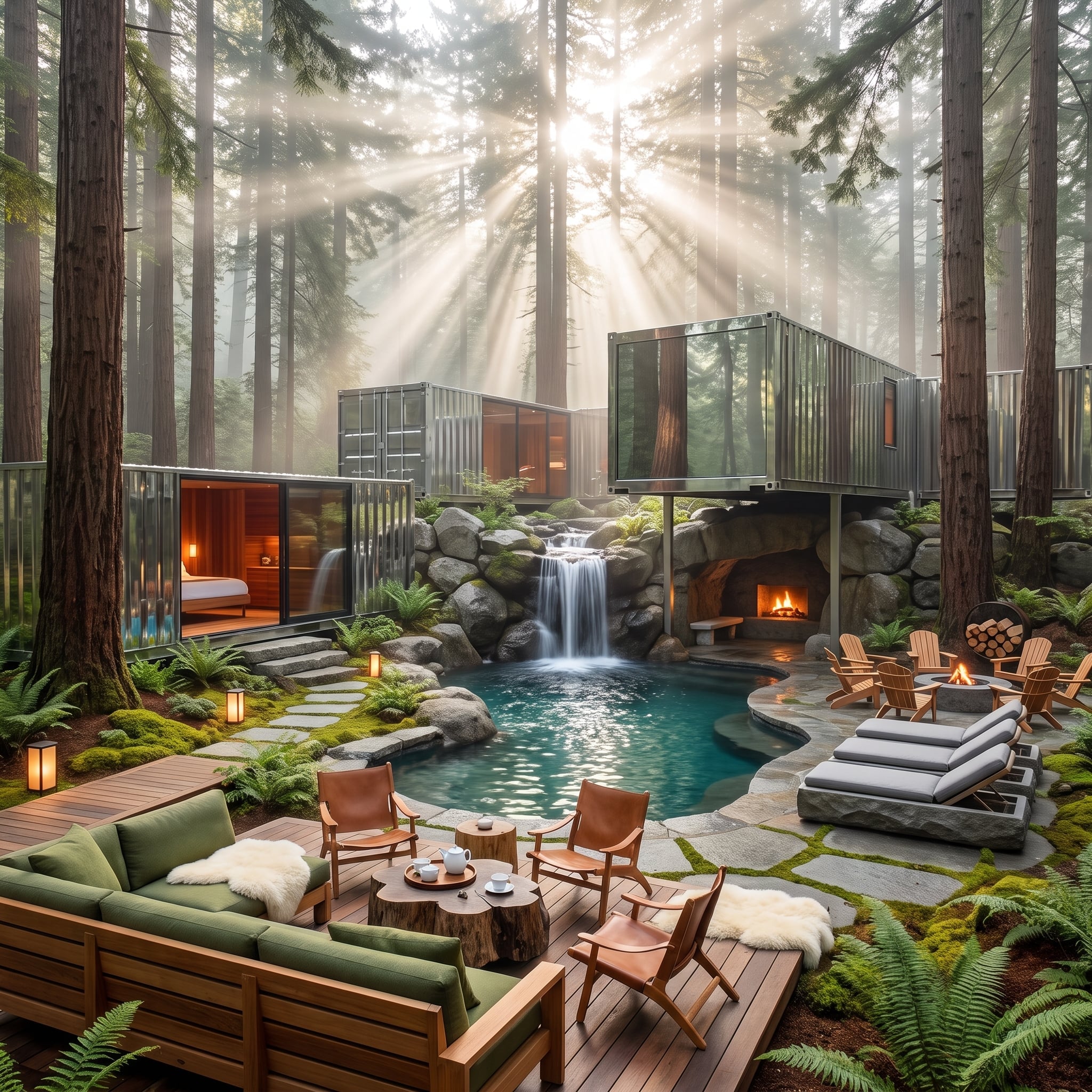 Redwood Forest Container Retreat Pairs a Natural Pool With Waterfall Stone and Firelight