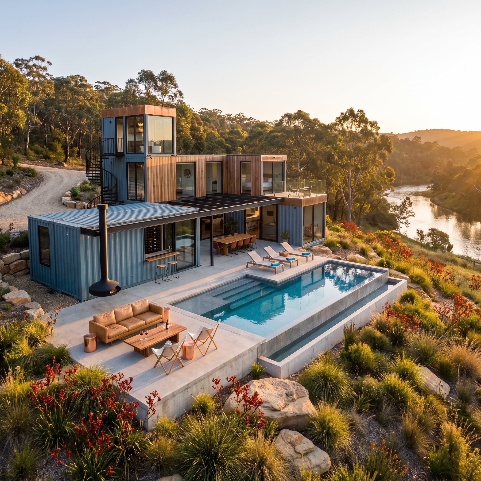 River-View Container Home Pairs Cedar Cladding With a Lap Pool Cut Into the Hillside
