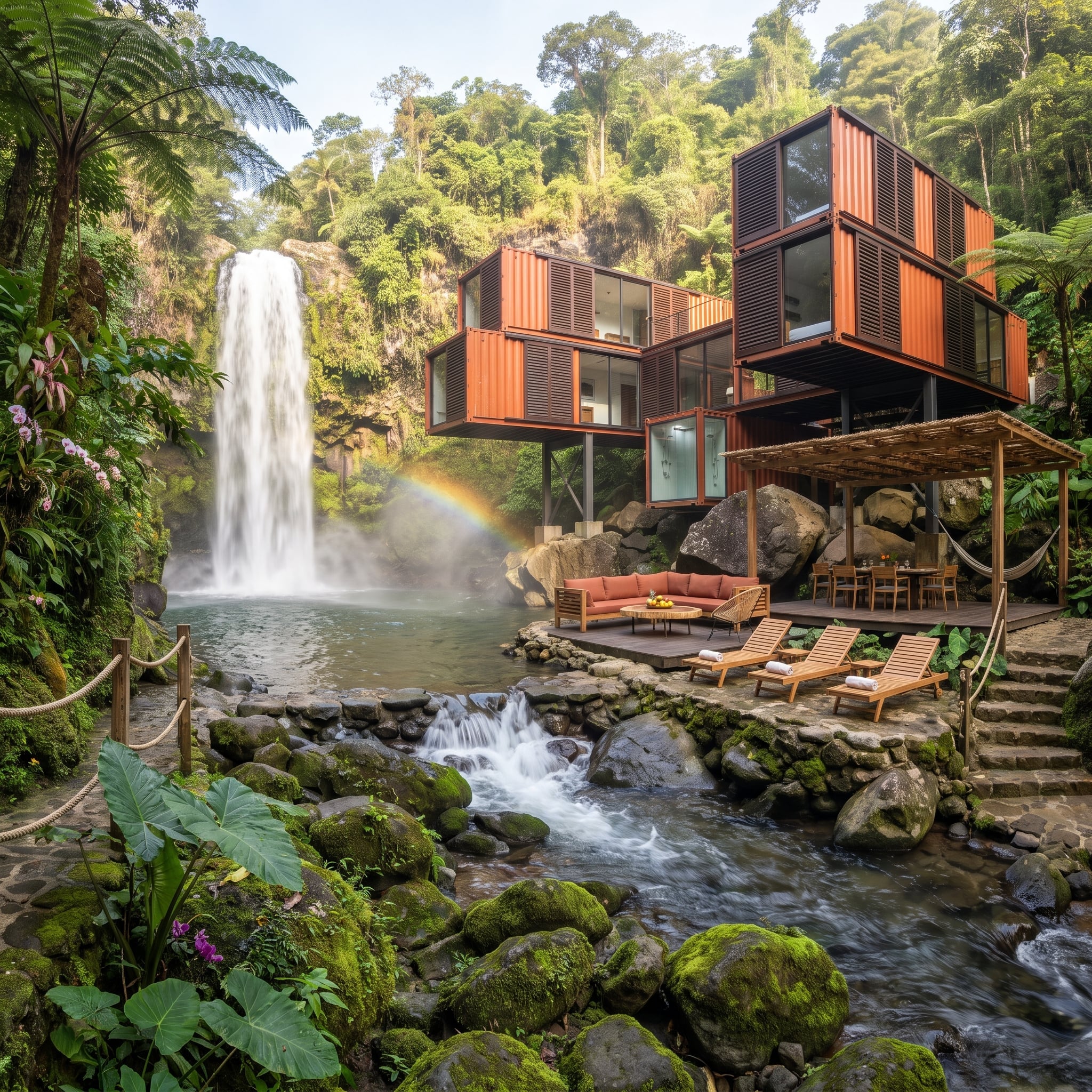 Rust-Orange Containers Cantilevered Over a Waterfall Pool Retreat in the Jungle