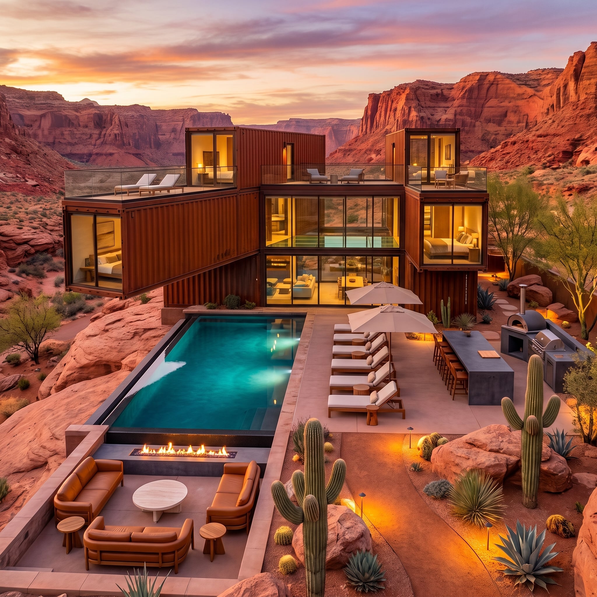 Rust-Patina Containers Stack Into a Canyon Retreat With a Turquoise Lap Pool and Fire Ledge