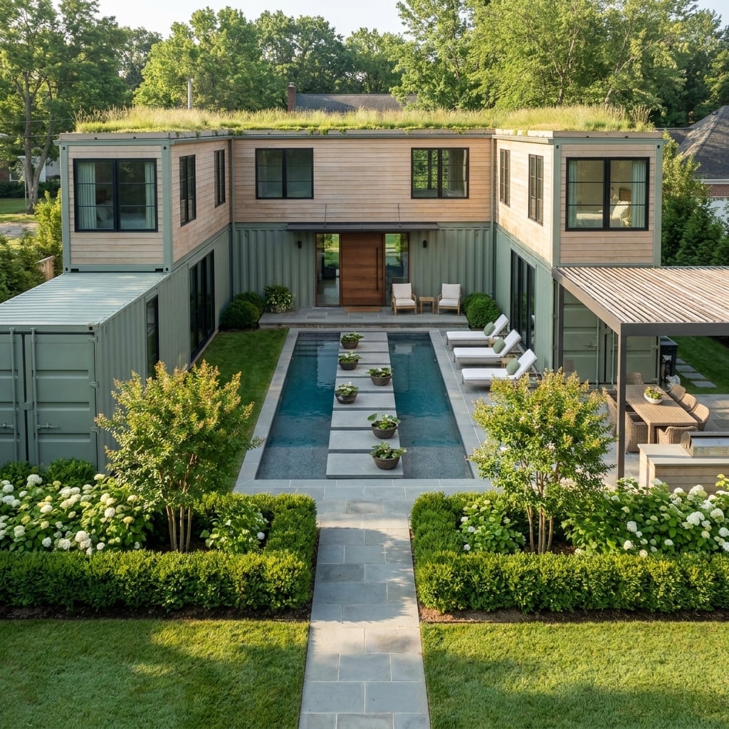 Sage Containers Wrap a Courtyard Pool Behind Cedar-Clad Walls and a Living Roof