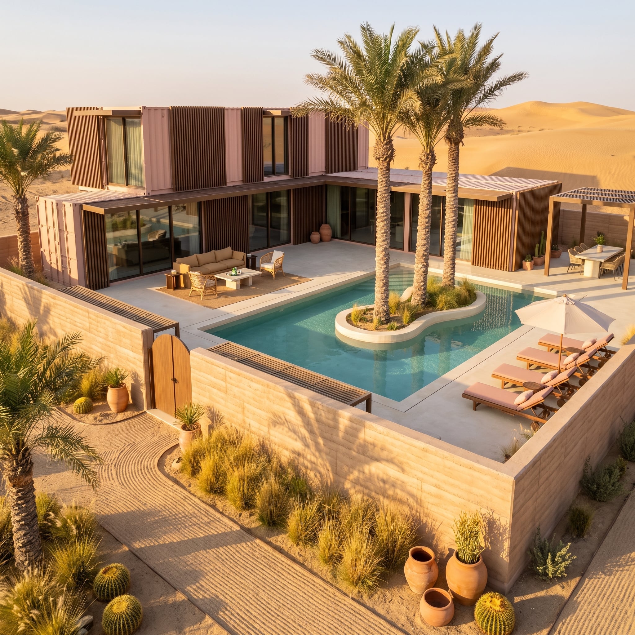 Sand Dunes, Palm Trees, and a Pool Island Only a Container Home Could Frame