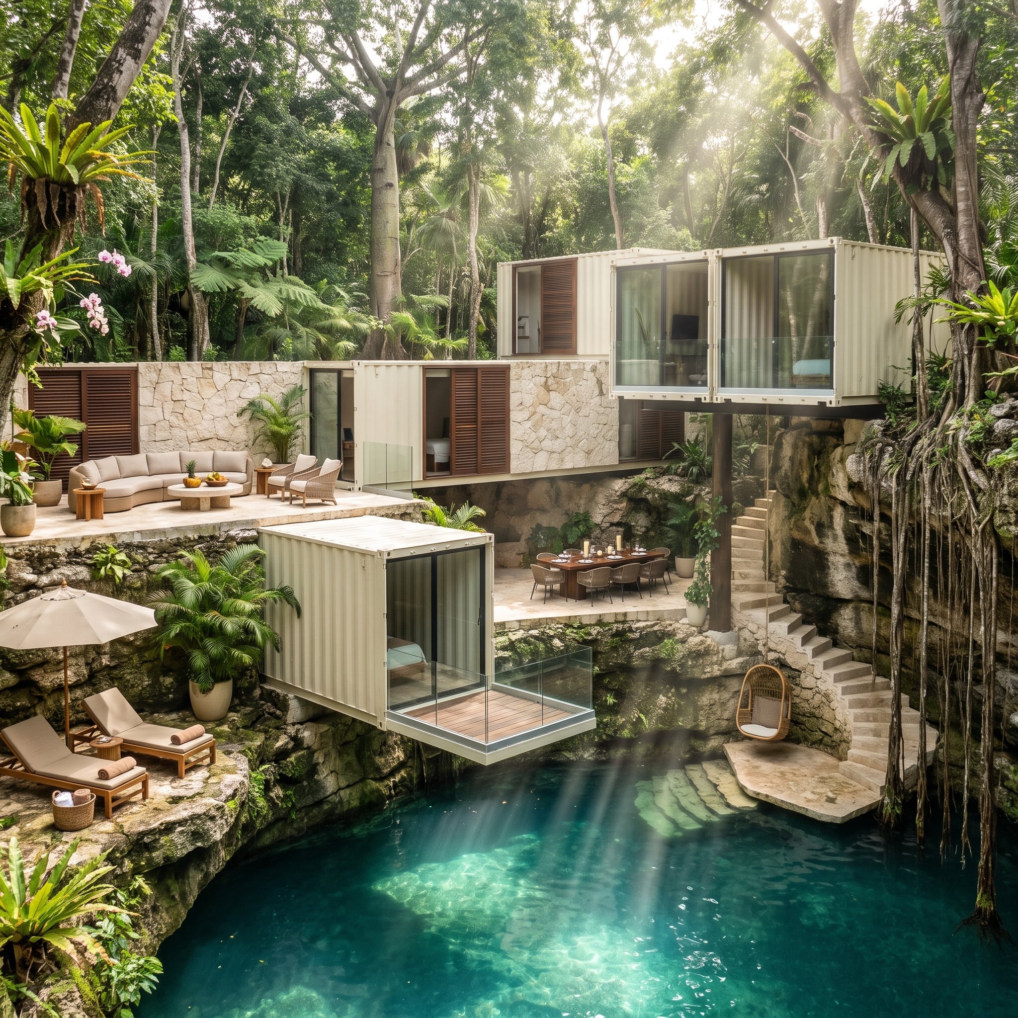 Shipping Containers Cantilevered Over a Cenote Bring Jungle Living to Its Logical Extreme