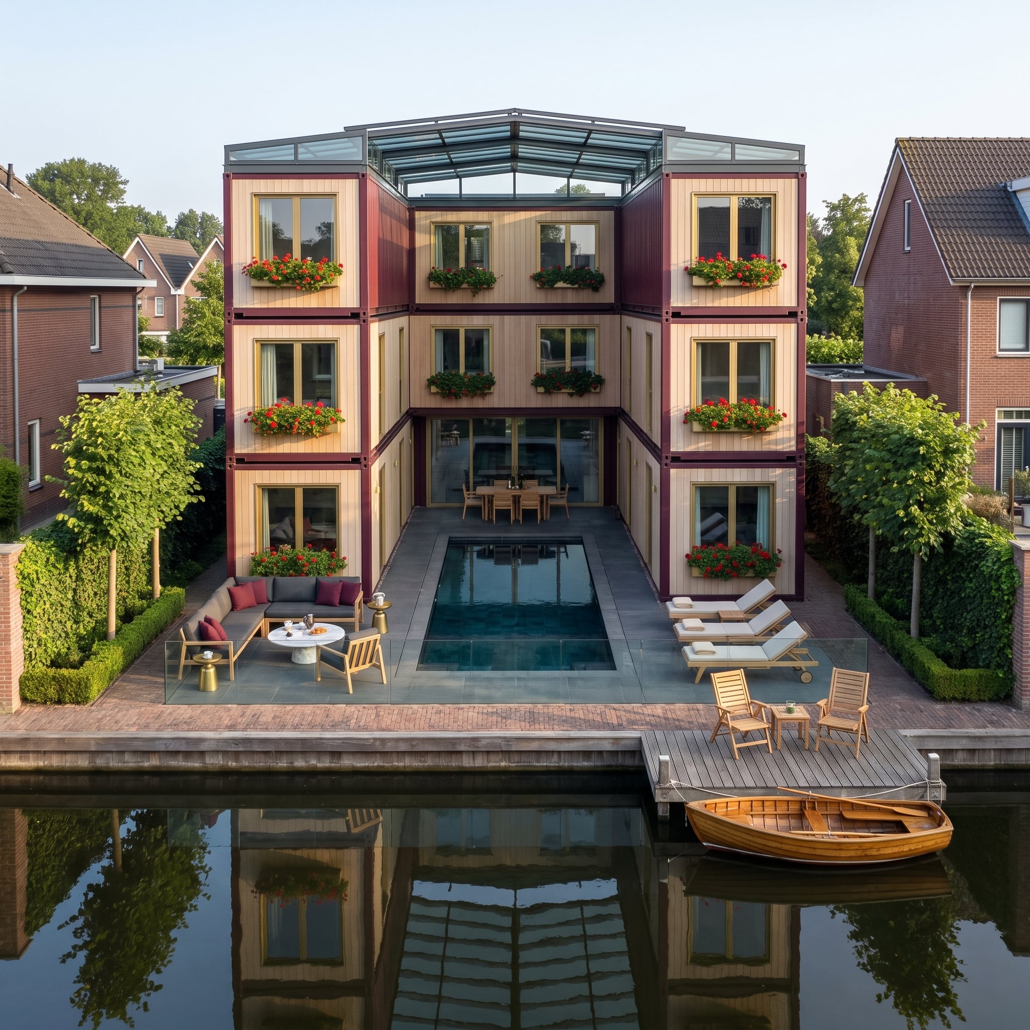 Shipping Containers Stacked Three Stories High With a Canal-Side Pool at the Center