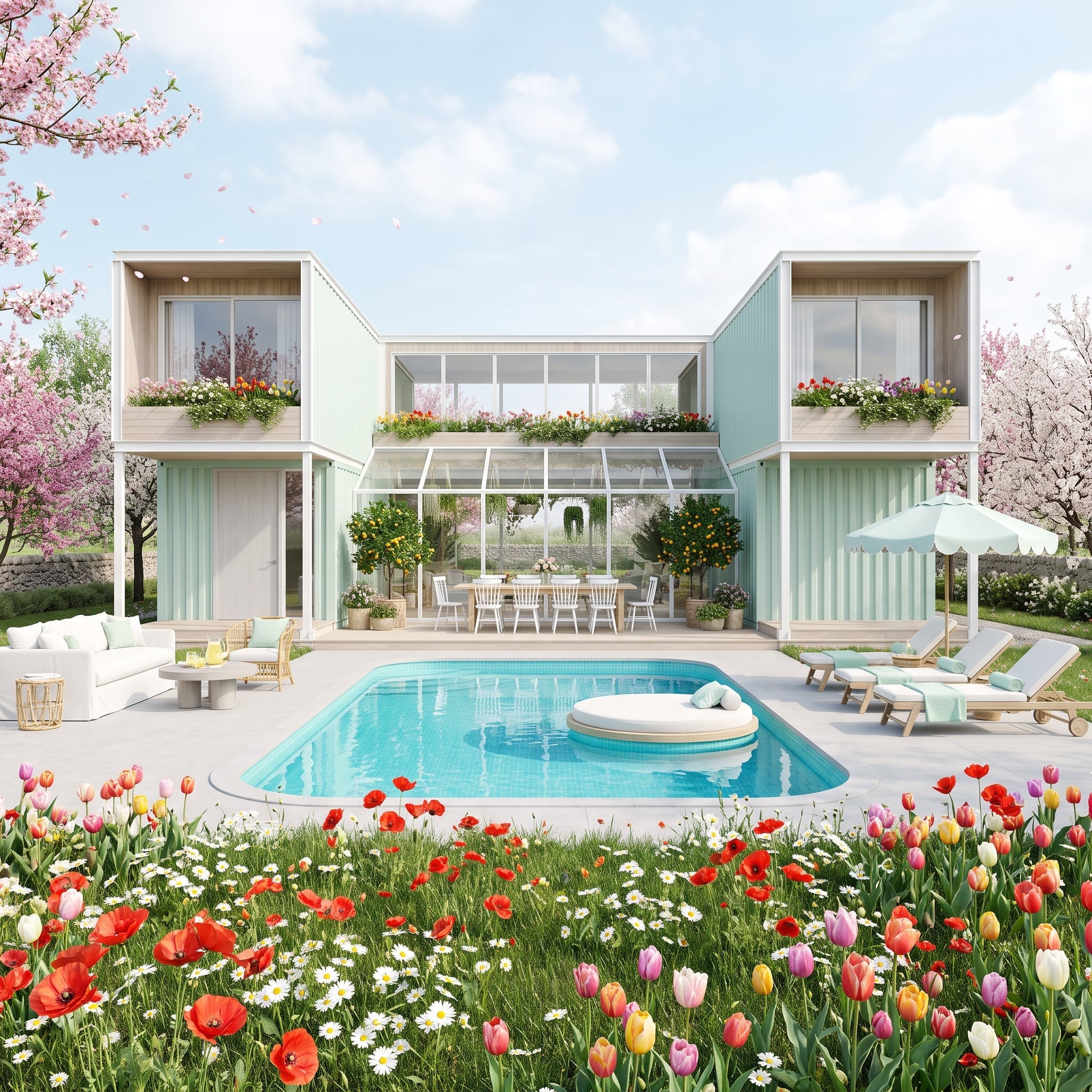 Spring Blooms and Seafoam Steel Built Around a Pool With a Glass Heart