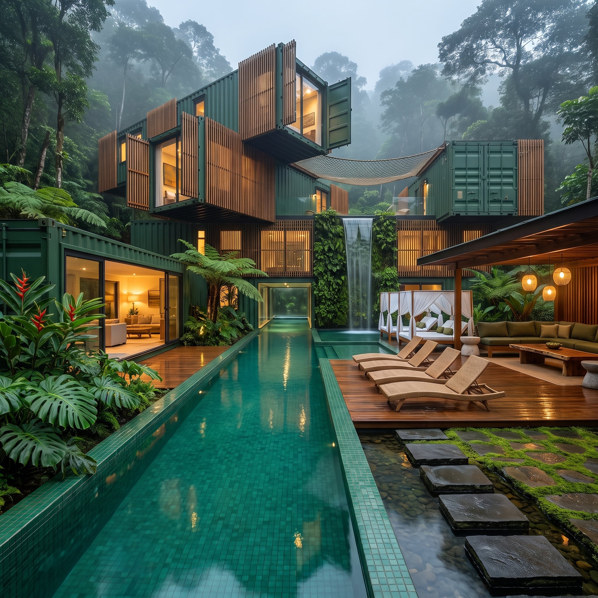 Stacked Green Containers Climb a Misty Rainforest Hillside Above a Lap Pool and Waterfall
