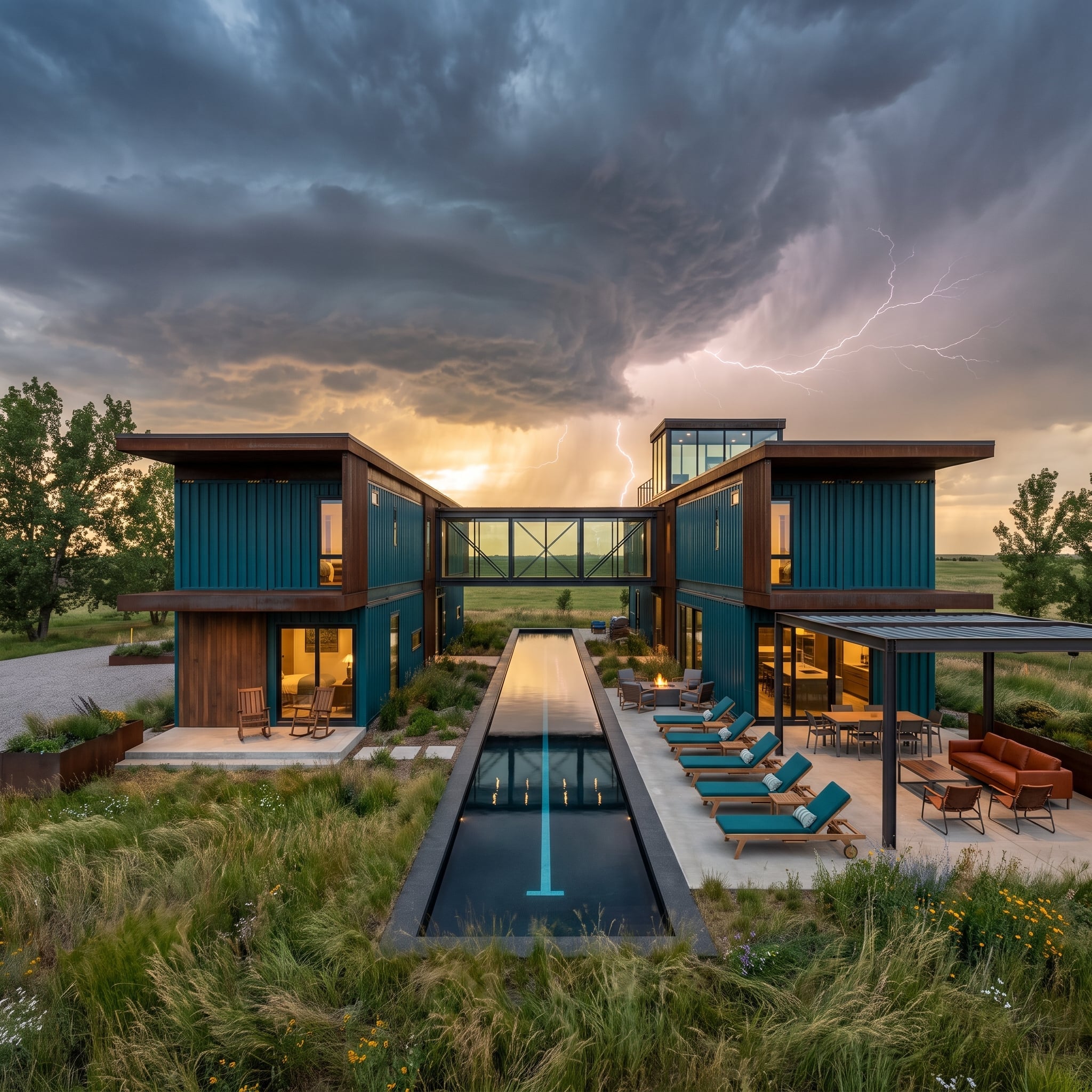 Storm Country Container Home Pairs a Lap Pool With Prairie Lightning Views