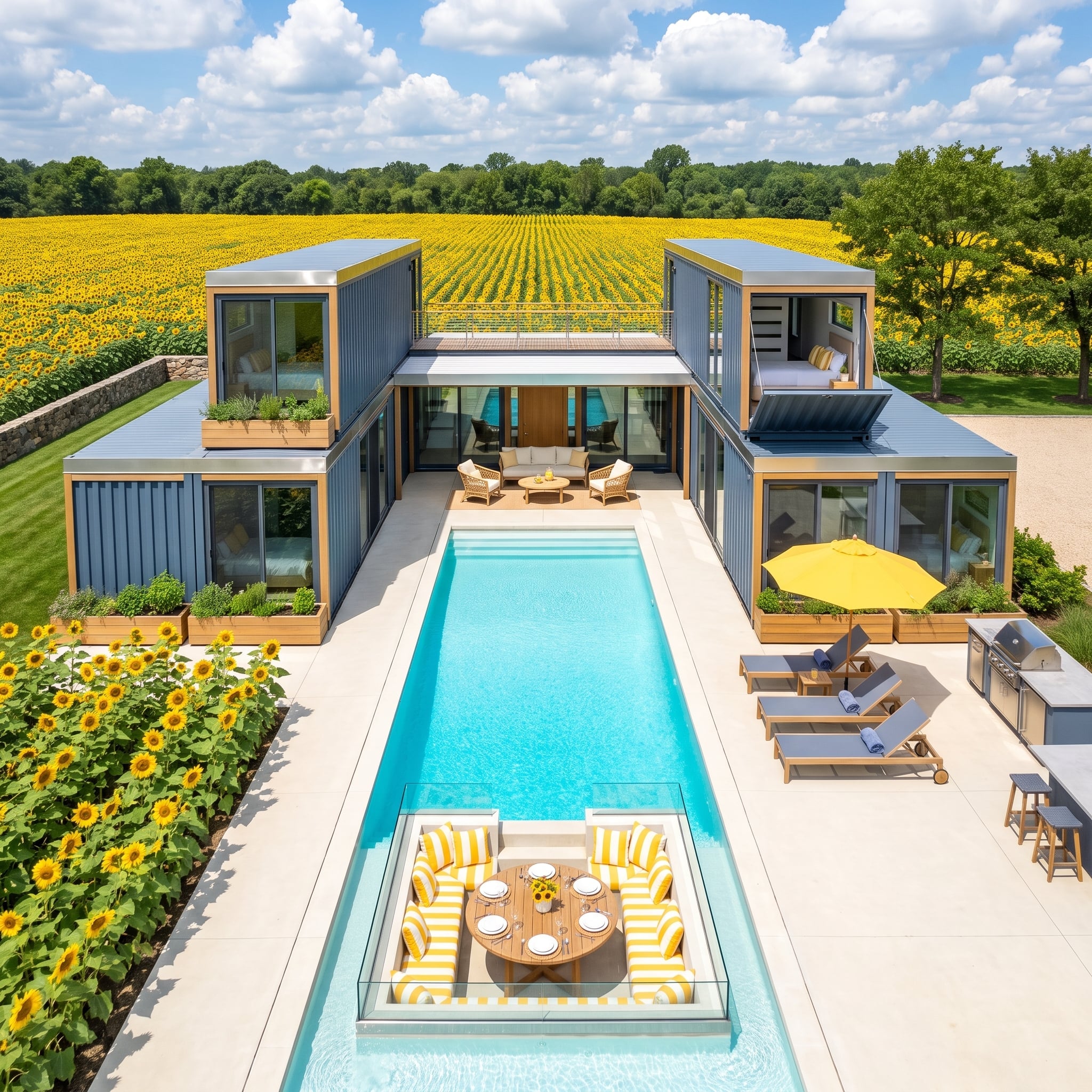 Sunflower Fields and Shipping Containers Built Around a Lap Pool That Means Business