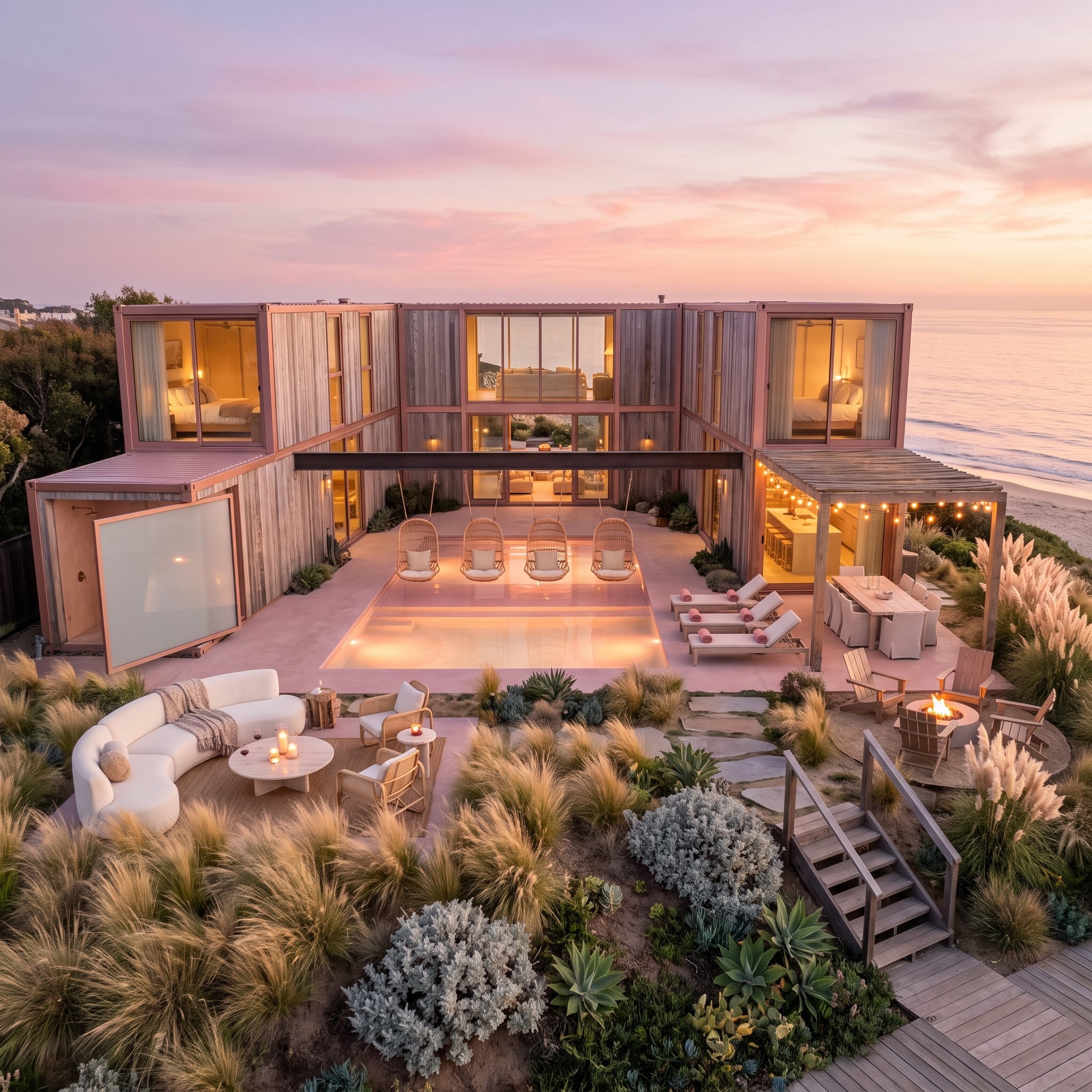 Sunset Light Catches a U-Shaped Container Home Built Around a Glowing Pool