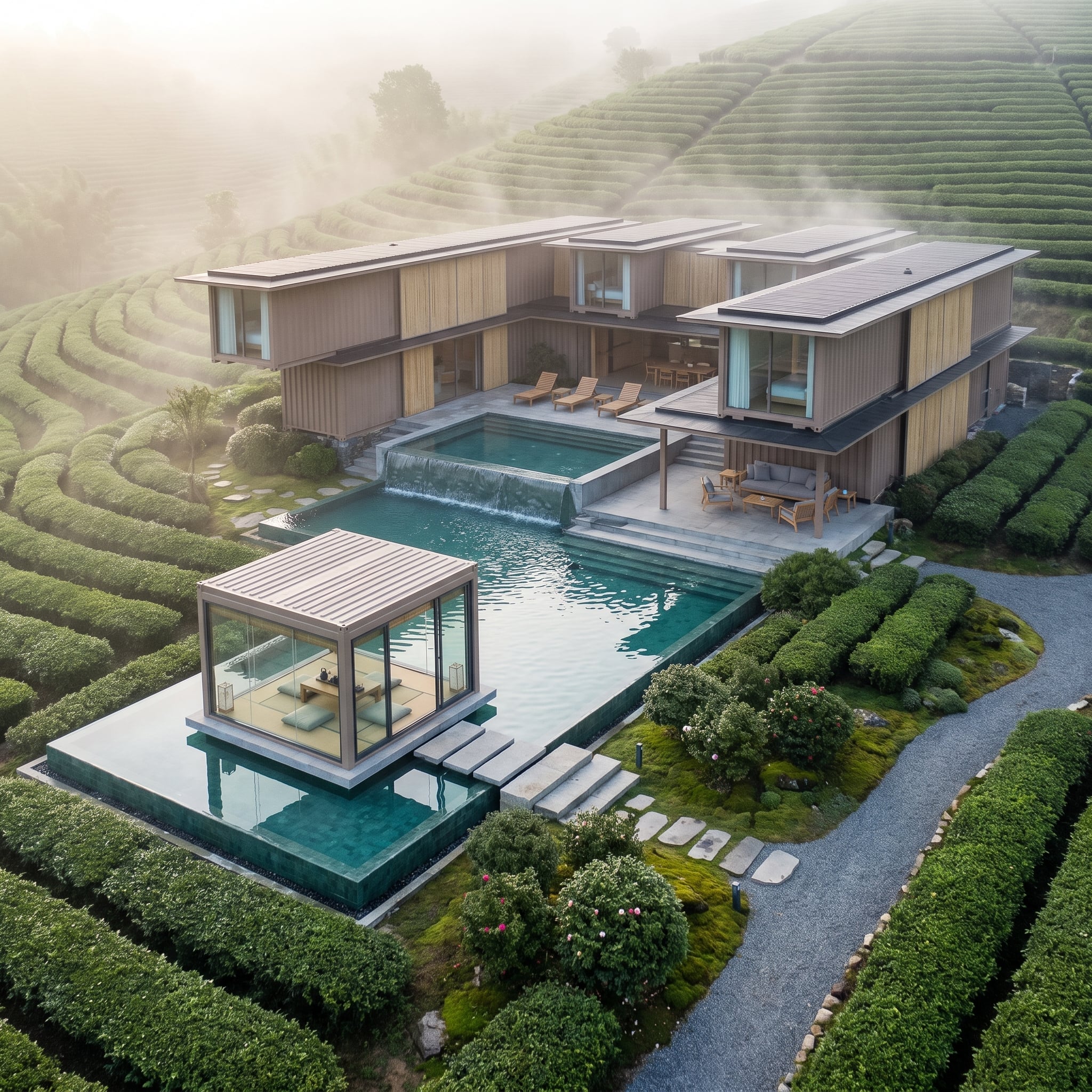 Tea Plantation Container Villa Wraps Two Pool Levels Around a Glass Pavilion