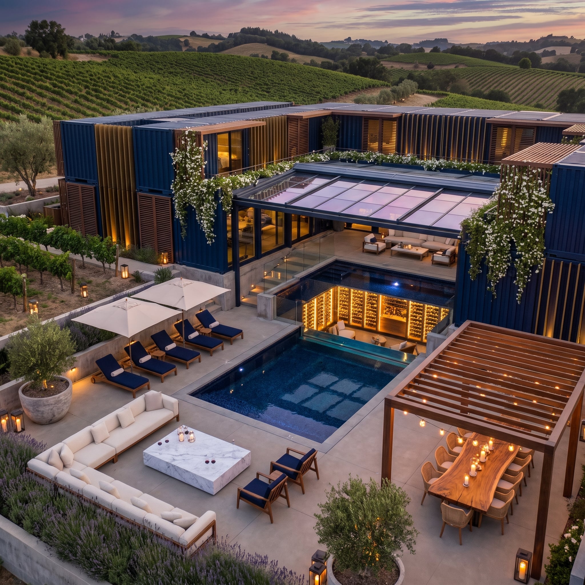 Vineyard Container Estate Wraps a Glass-Floored Wine Cellar Around a Midnight Pool