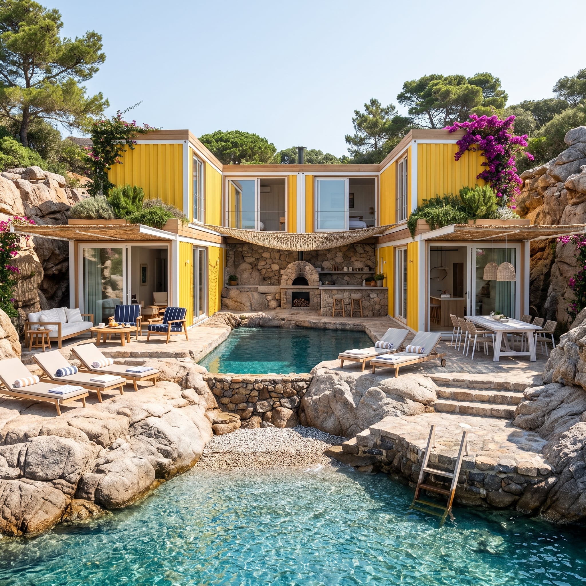 Yellow Container Wings Embrace a Rocky Cove Pool With a Stone Pizza Oven Centerpiece