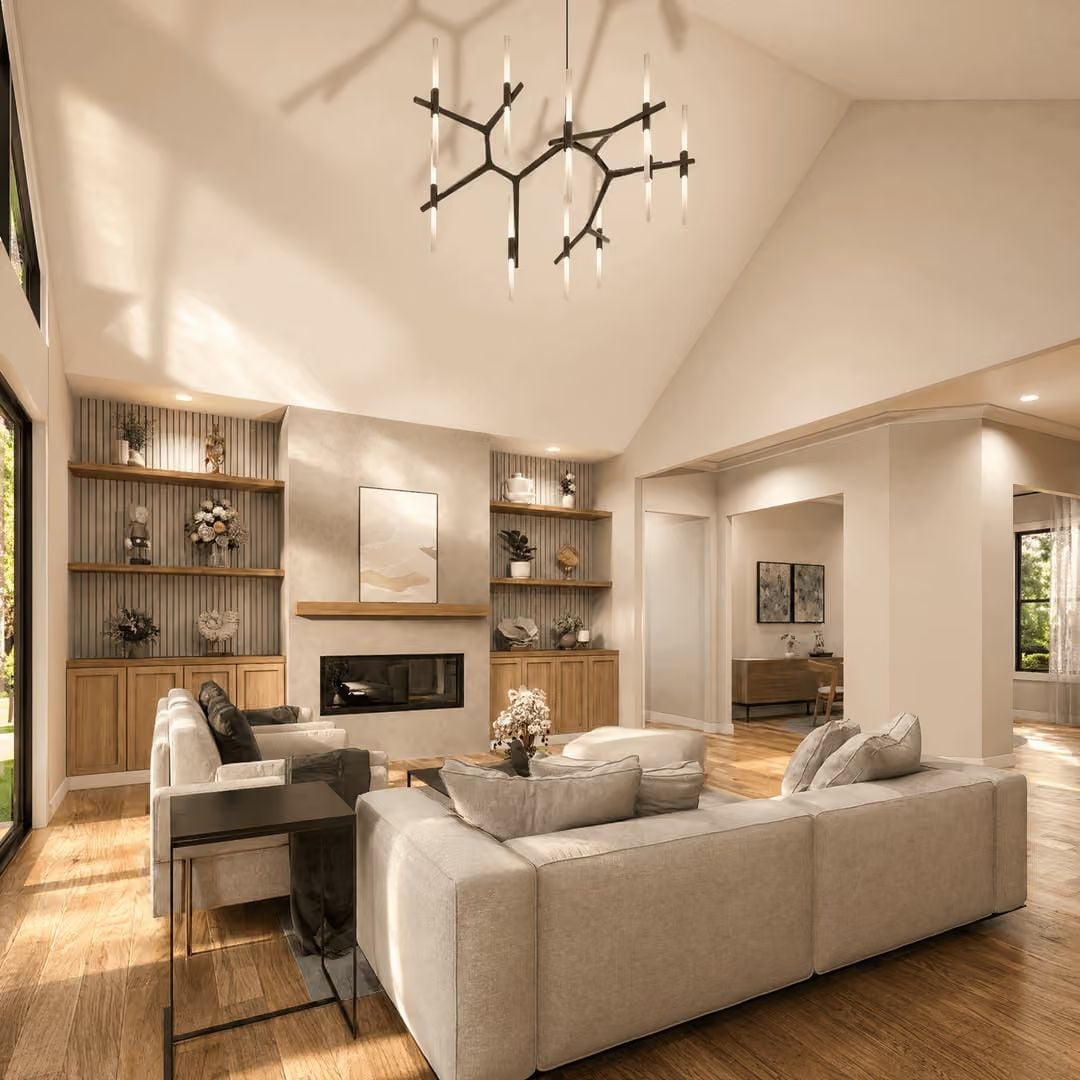 Branch-Like Chandelier Anchors a Vaulted Great Room Built for Gathering