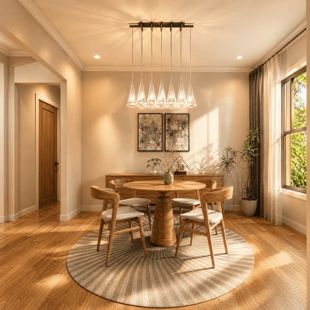 Cone-Shaped Glass Pendants Cast Rippled Light Across a Warm Wood Dining Room