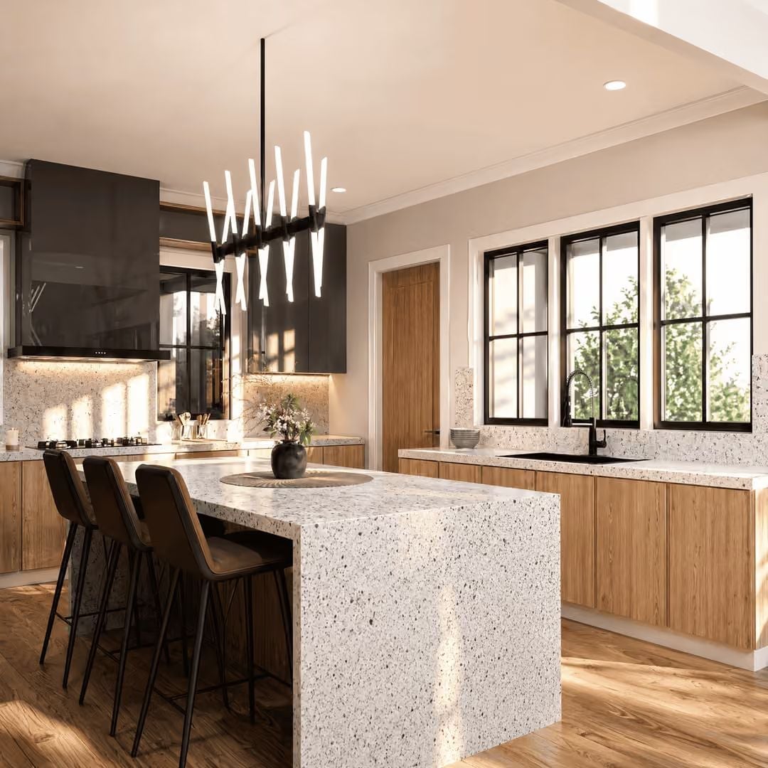 Terrazzo Island With Waterfall Sides Earns Its Place at the Center of Everything