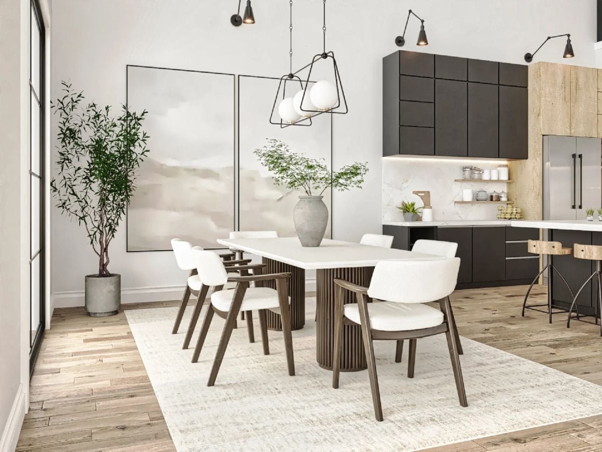 Dark Cabinets, White Table, and a Pendant That Justifies the Ceiling Height