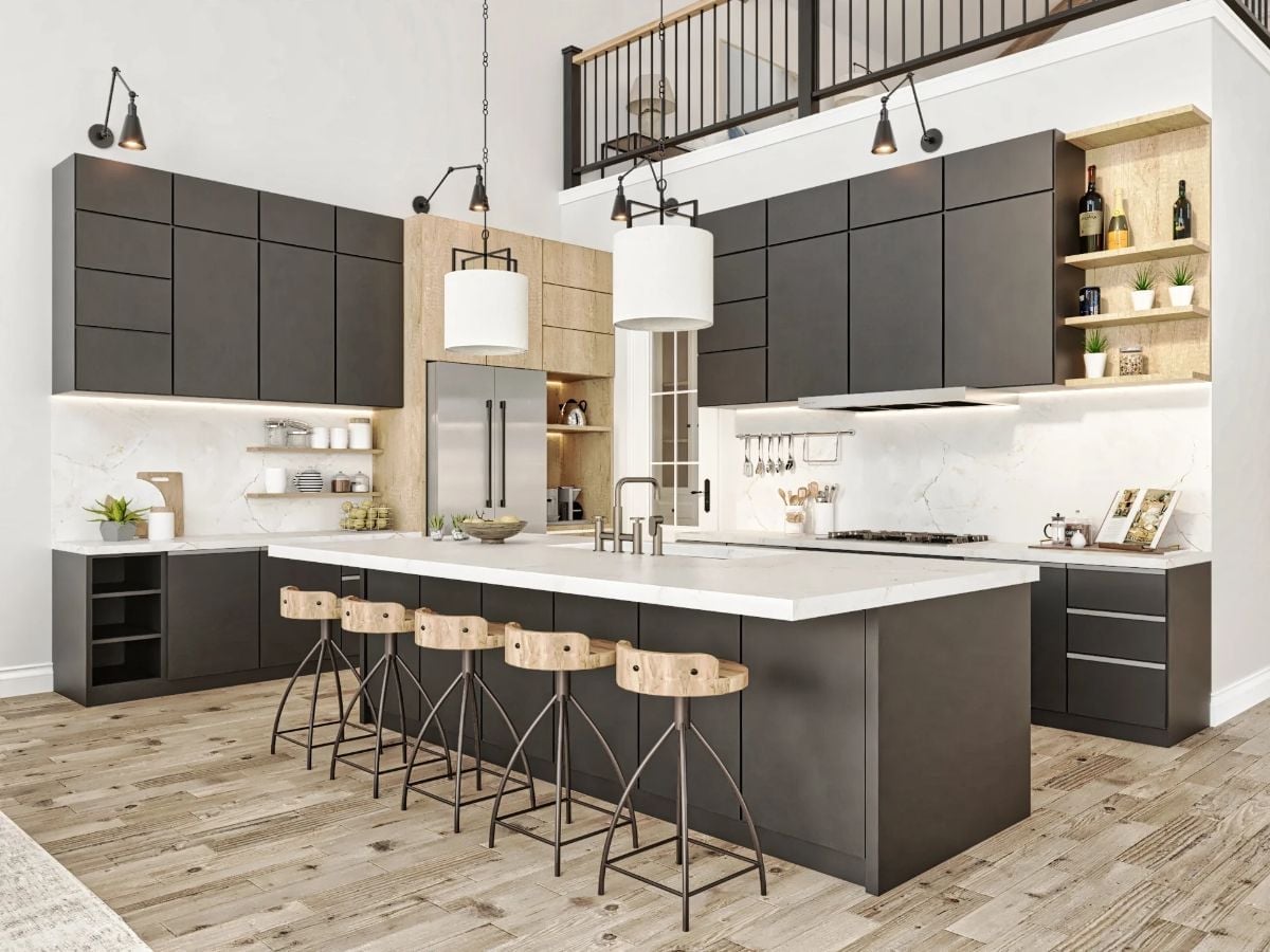 Dark Cabinets With a White Marble Waterfall and Five Stools That Mean Business