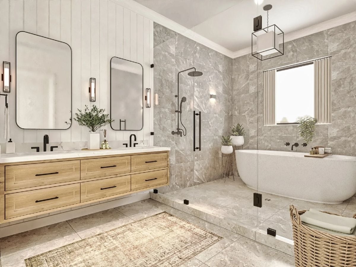 Floating Oak Vanity, Glass Shower, and a Soaking Tub That Justifies the Square Footage